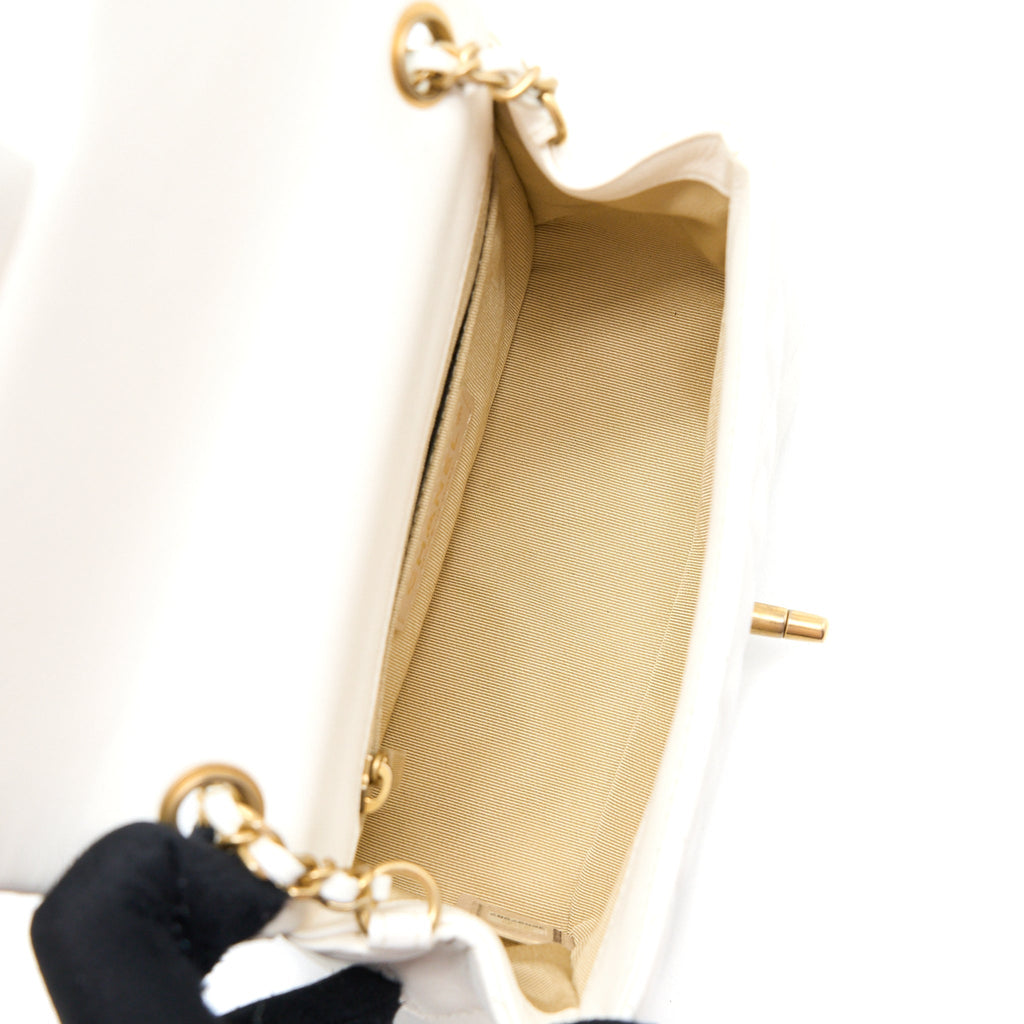 Chanel Mini Square Flap Bag with Detailed Ribbon Chain Lambskin White