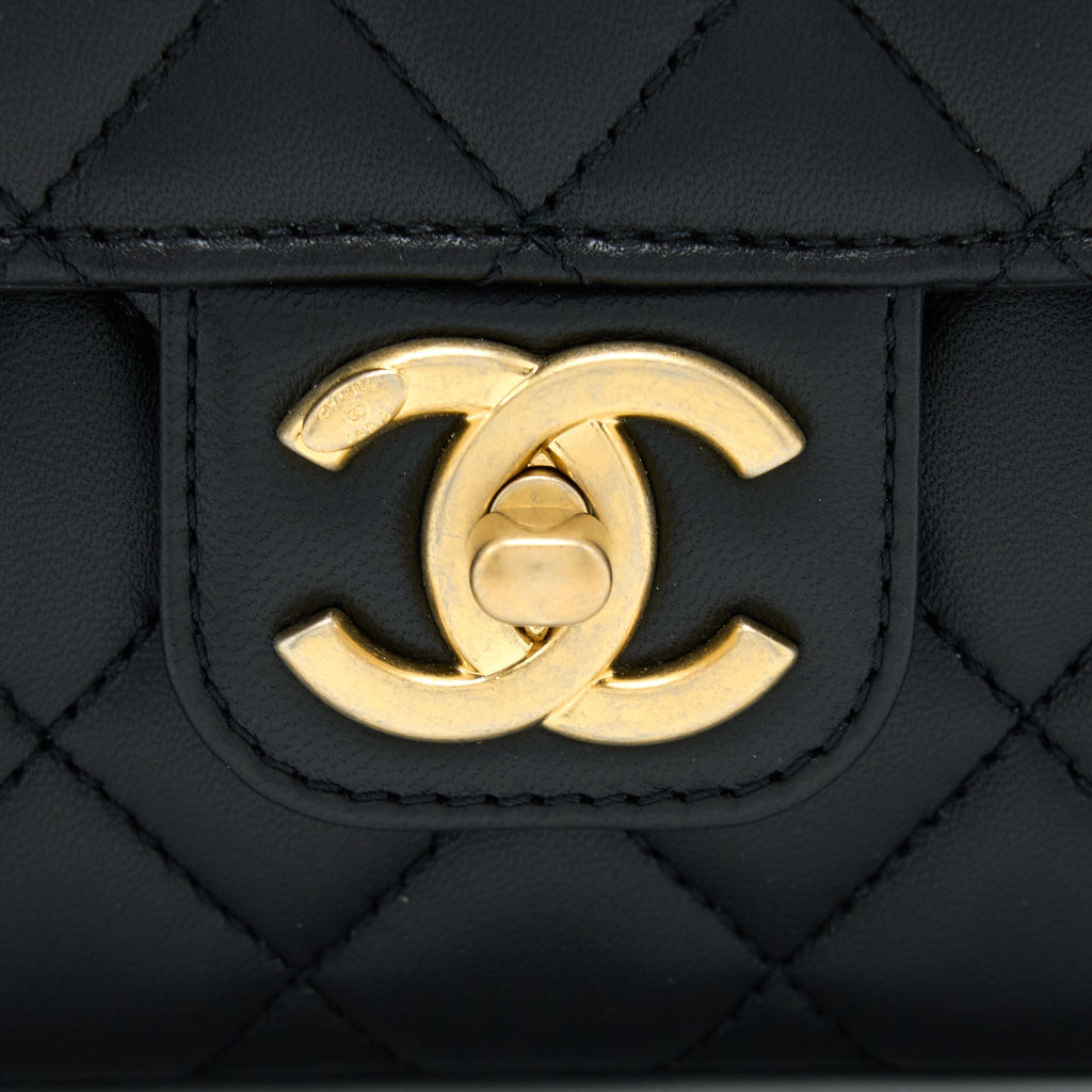 Chanel Seasonal Flap Bag with Detail Chain Lambskin Black Brushed  (Microchip)