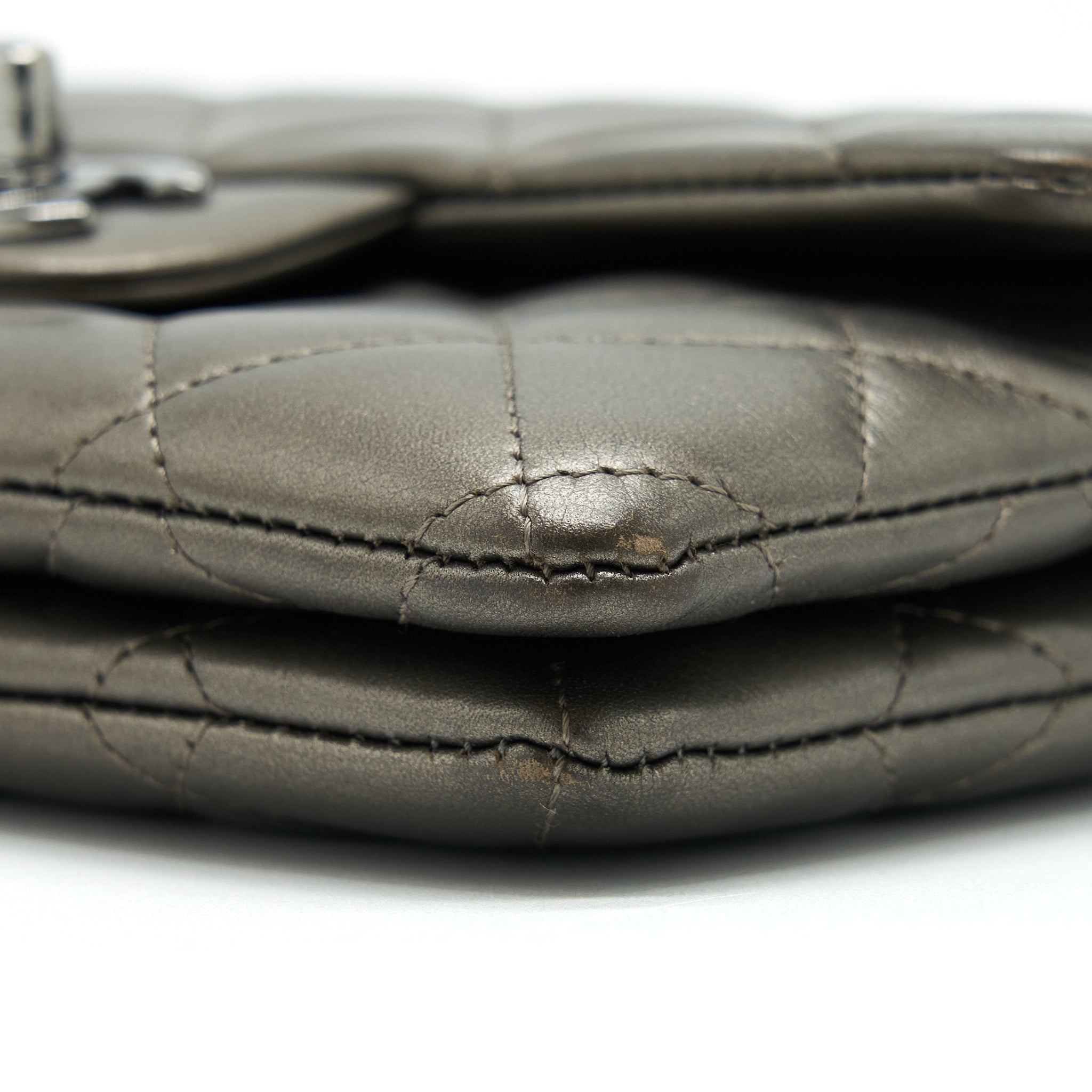 Chanel Flap And Zippy Mini Pouch With Chain Lambskin Metallic Brownish Grey With Dark Grey Hardware