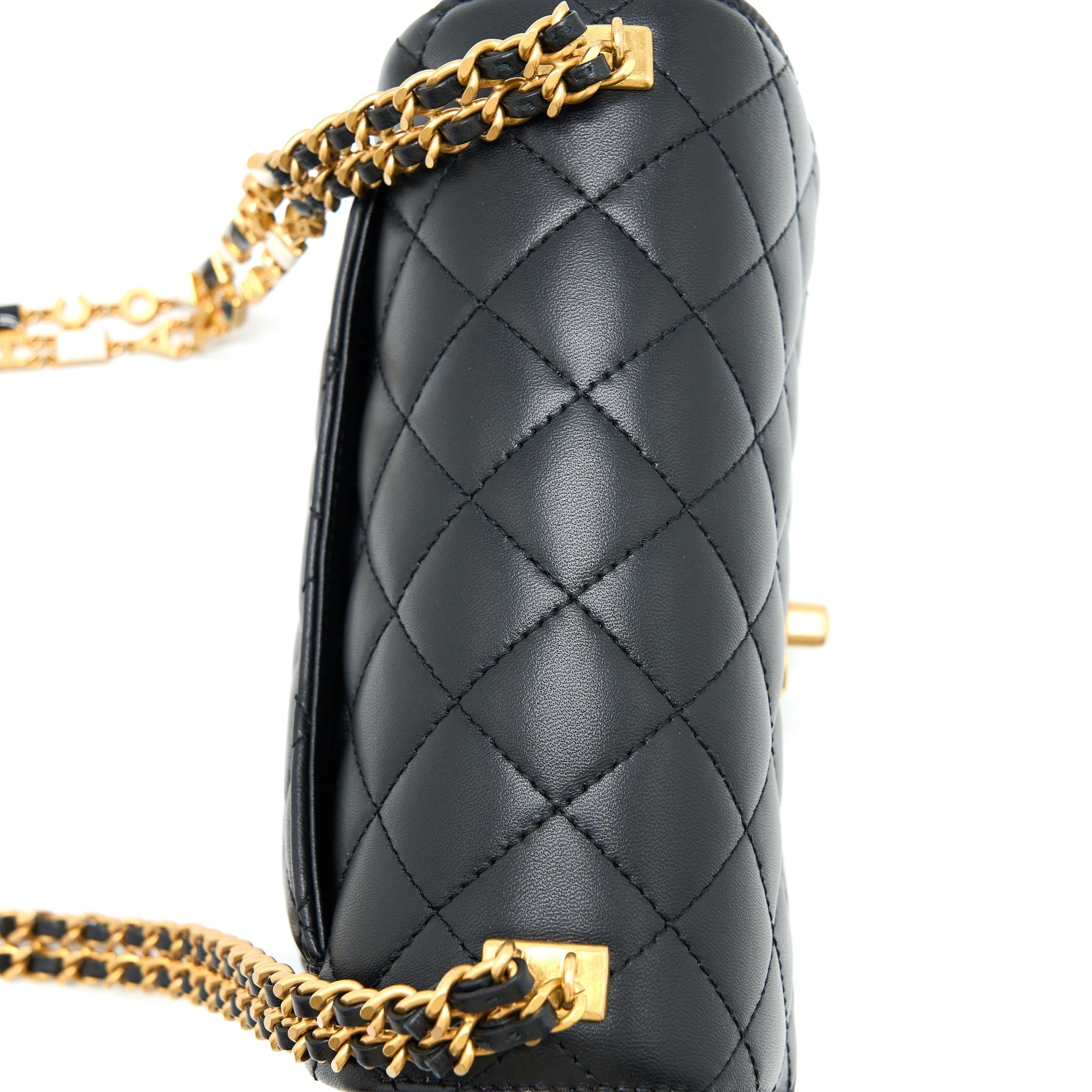 Chanel Seasonal Flap Bag with Detail Chain Lambskin Black Brushed  (Microchip)