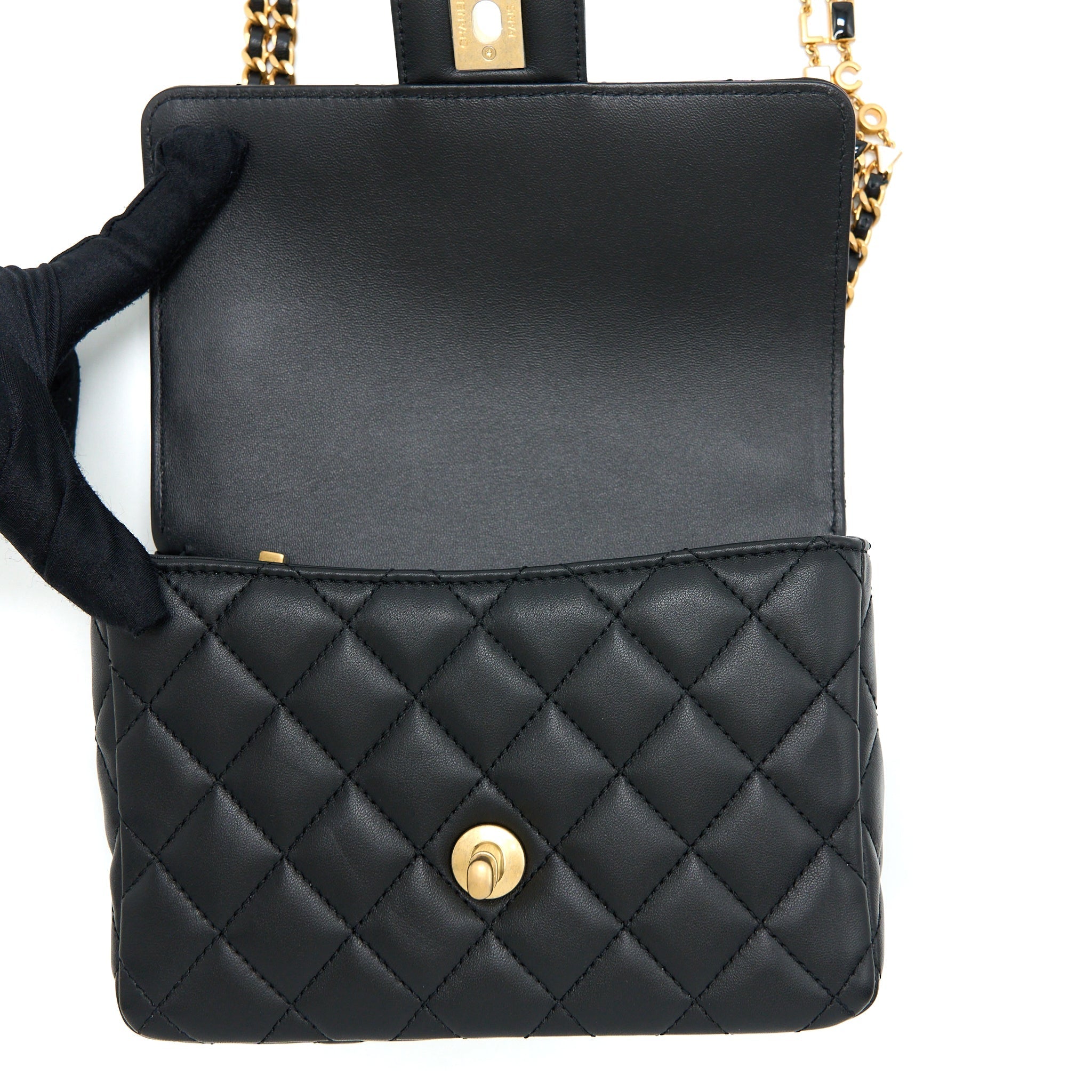 Chanel Seasonal Flap Bag with Detail Chain Lambskin Black Brushed  (Microchip)