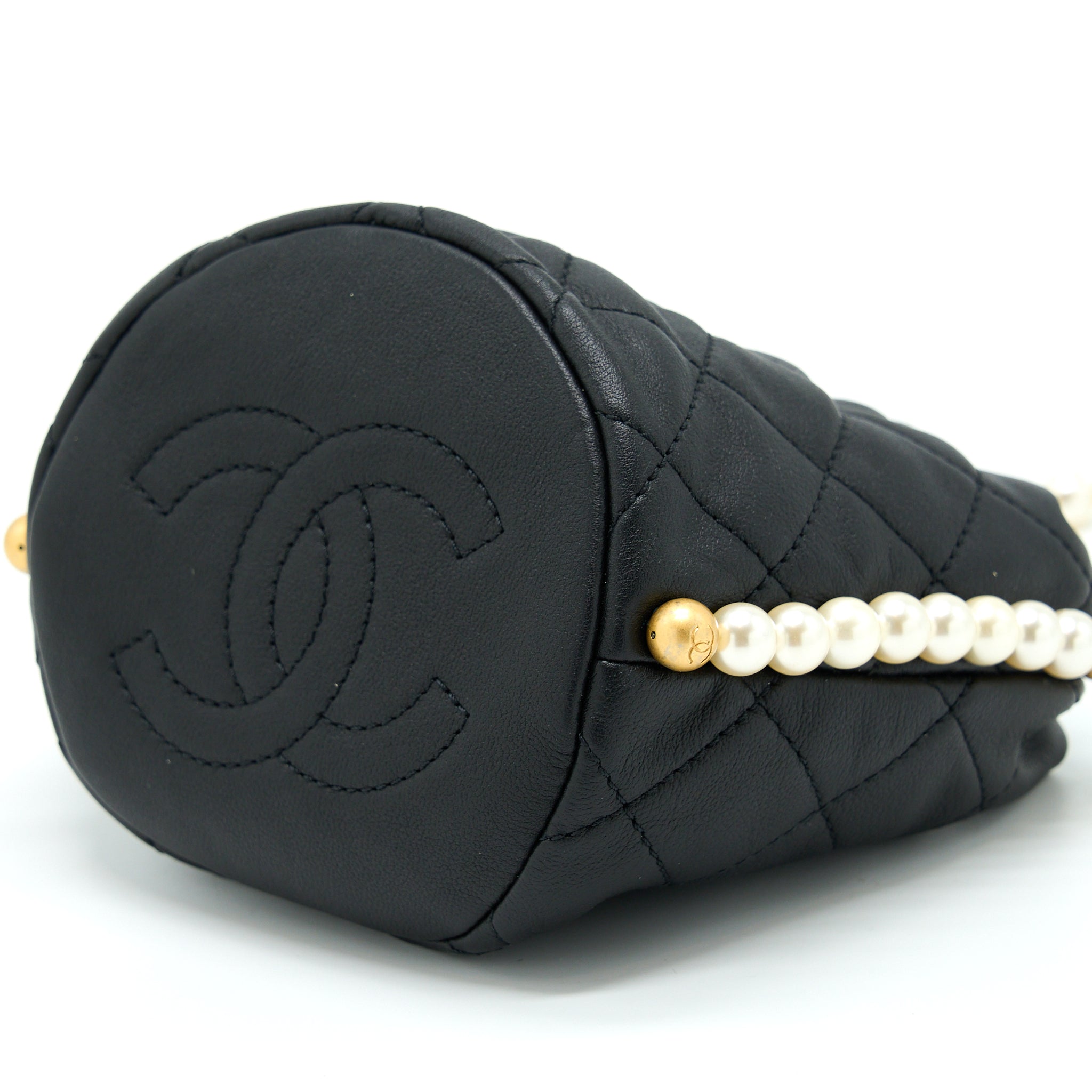 Chanel Mini Bucket Bag With Pearl Chain Lambskin Black