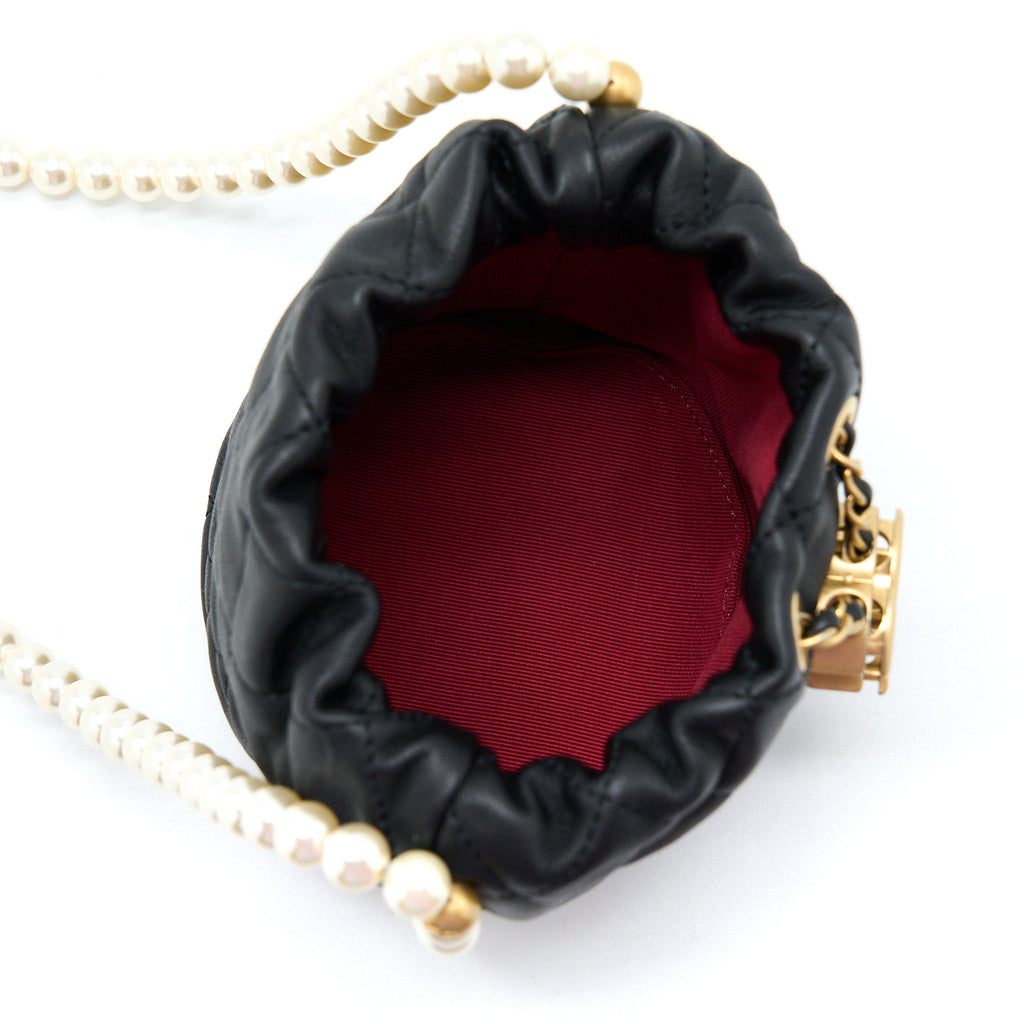 Chanel Mini Bucket Bag With Pearl Chain Lambskin Black