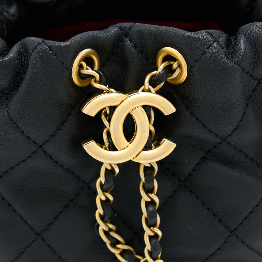 Chanel Mini Bucket Bag With Pearl Chain Lambskin Black