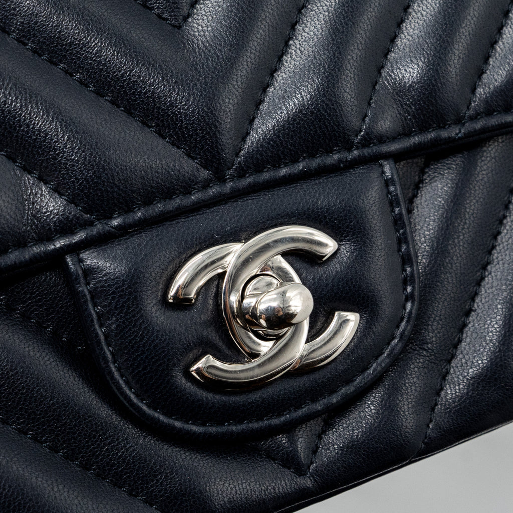 Chanel mini rectangular flap bag chevron lambskin navy