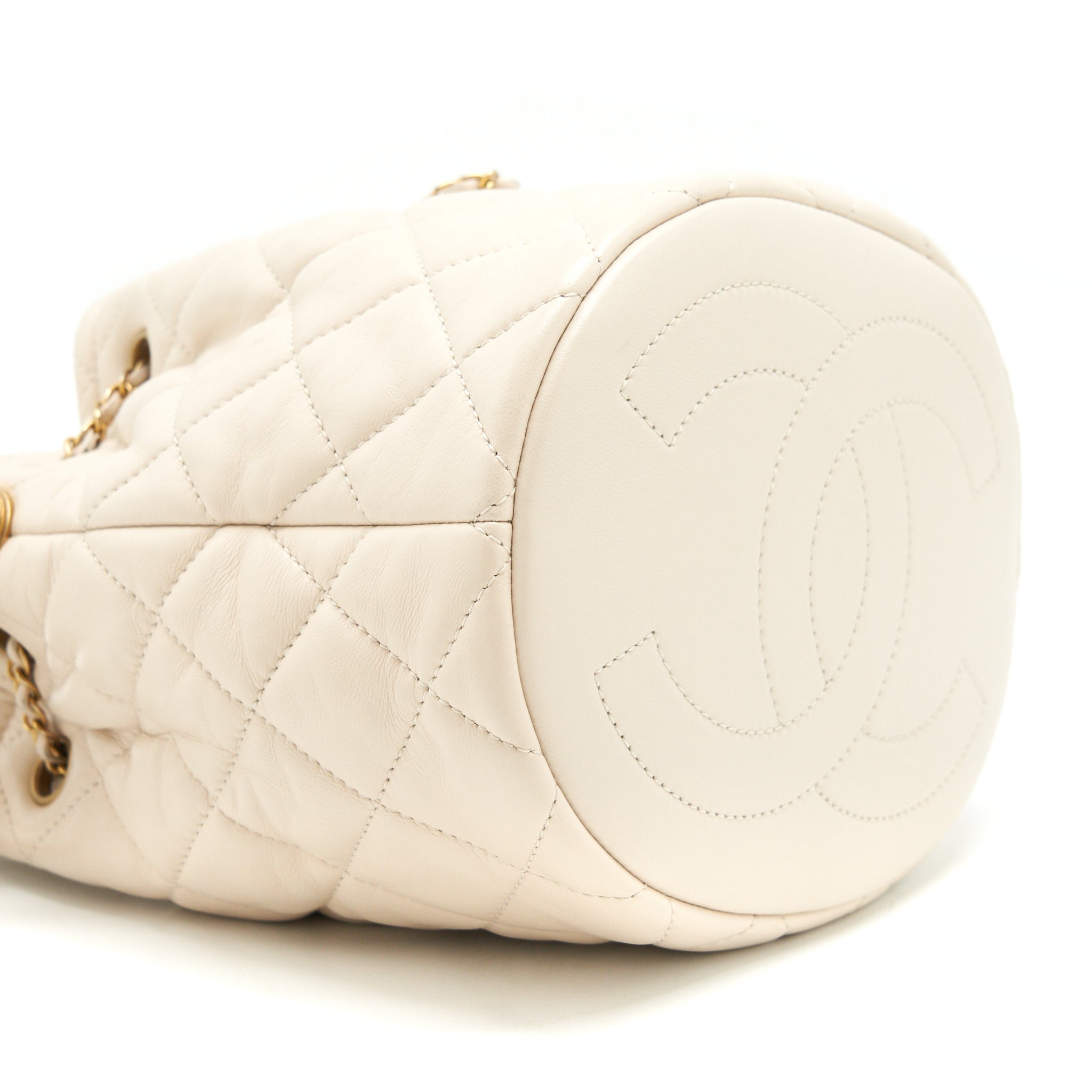 Chanel Button Bucket Crossbody Bag Lambskin White