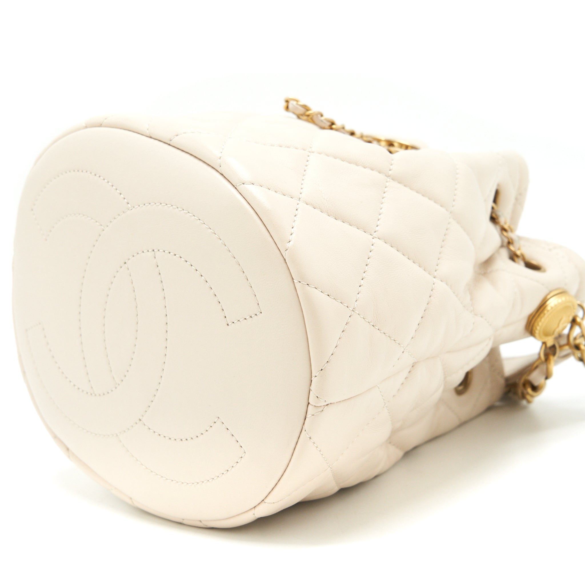 Chanel Button Bucket Crossbody Bag Lambskin White