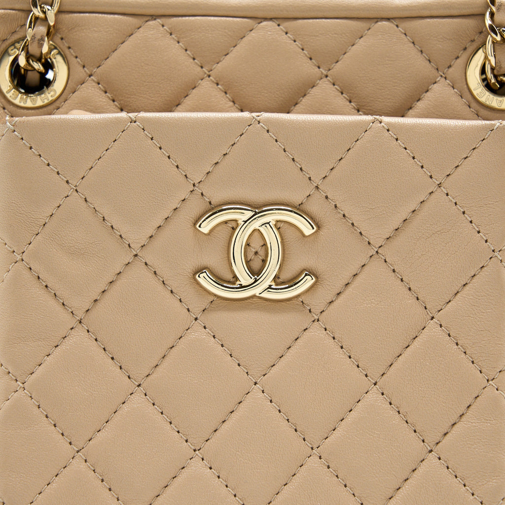 Chanel Small Vertical Camera Bag With Chain Lambskin Beige L