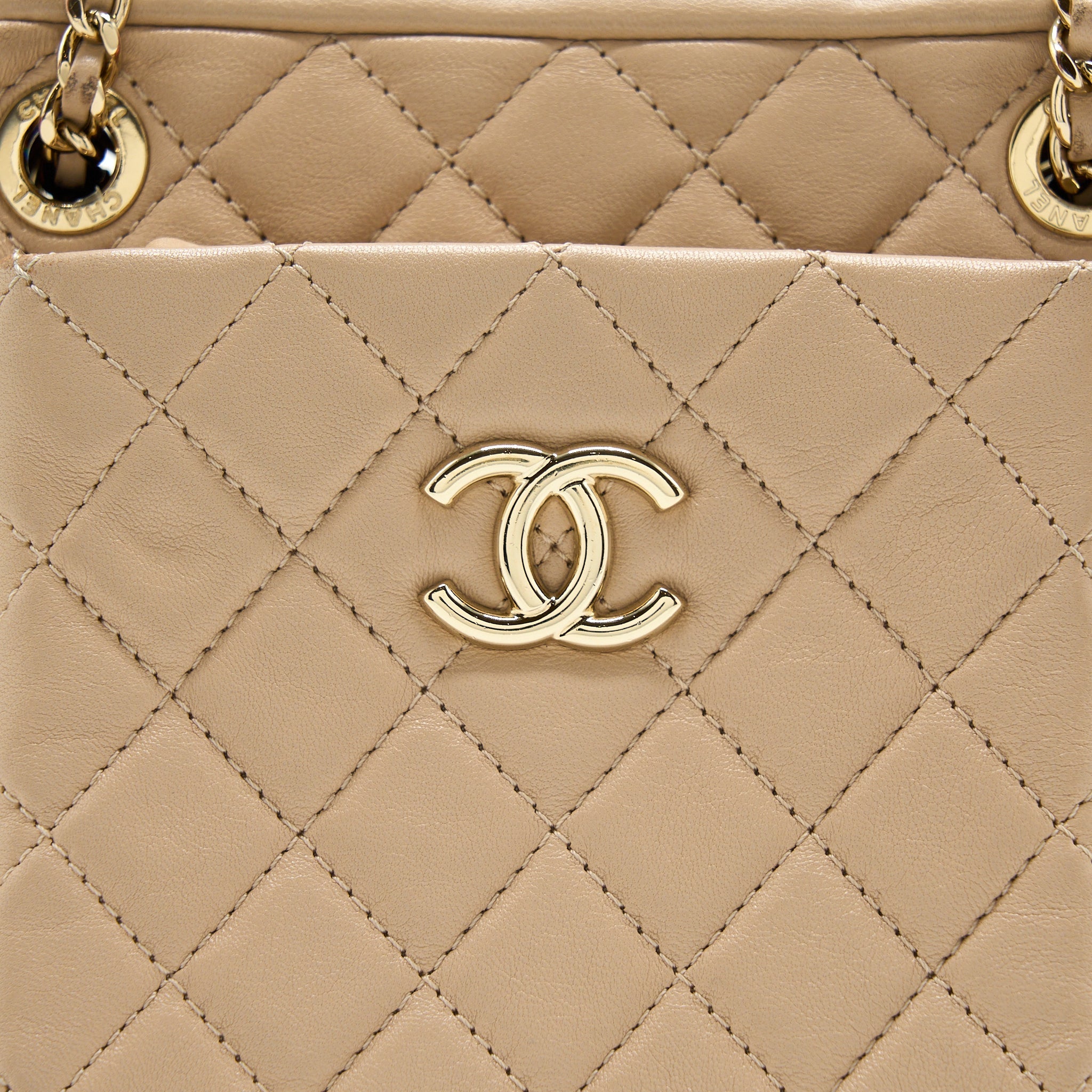 Chanel Small Vertical Camera Bag With Chain Lambskin Beige L