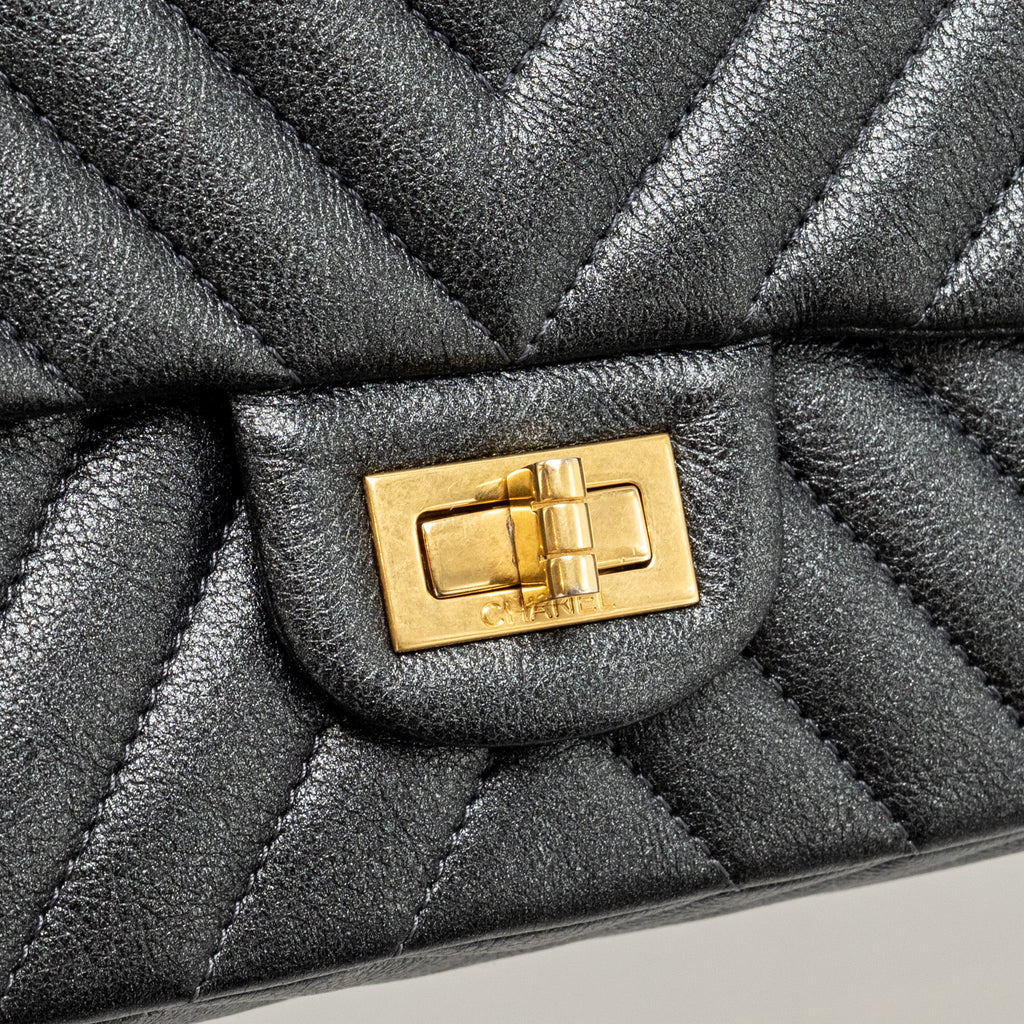 Chanel Large 2.55 226 Reissue Double Flap Bag Chevron Metallic Calfskin Charcoal