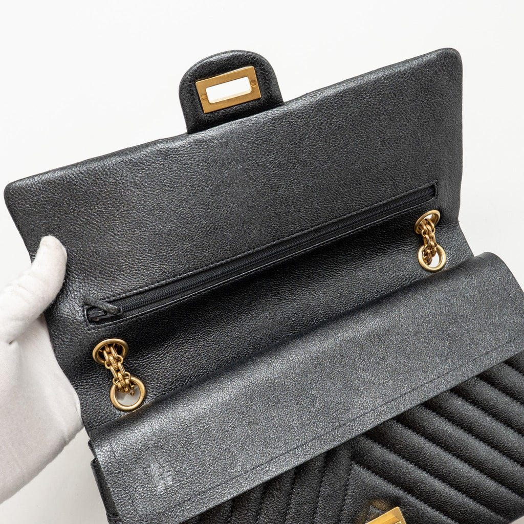 Chanel Large 2.55 226 Reissue Double Flap Bag Chevron Metallic Calfskin Charcoal