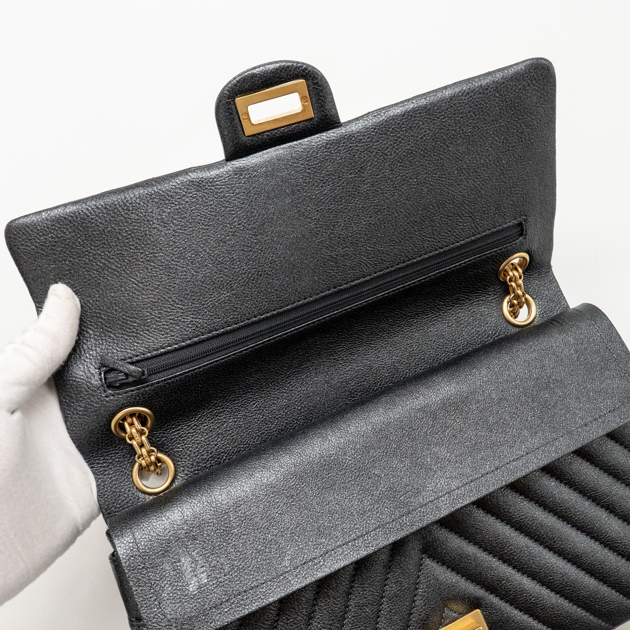 Chanel Large 2.55 226 Reissue Double Flap Bag Chevron Metallic Calfskin Charcoal