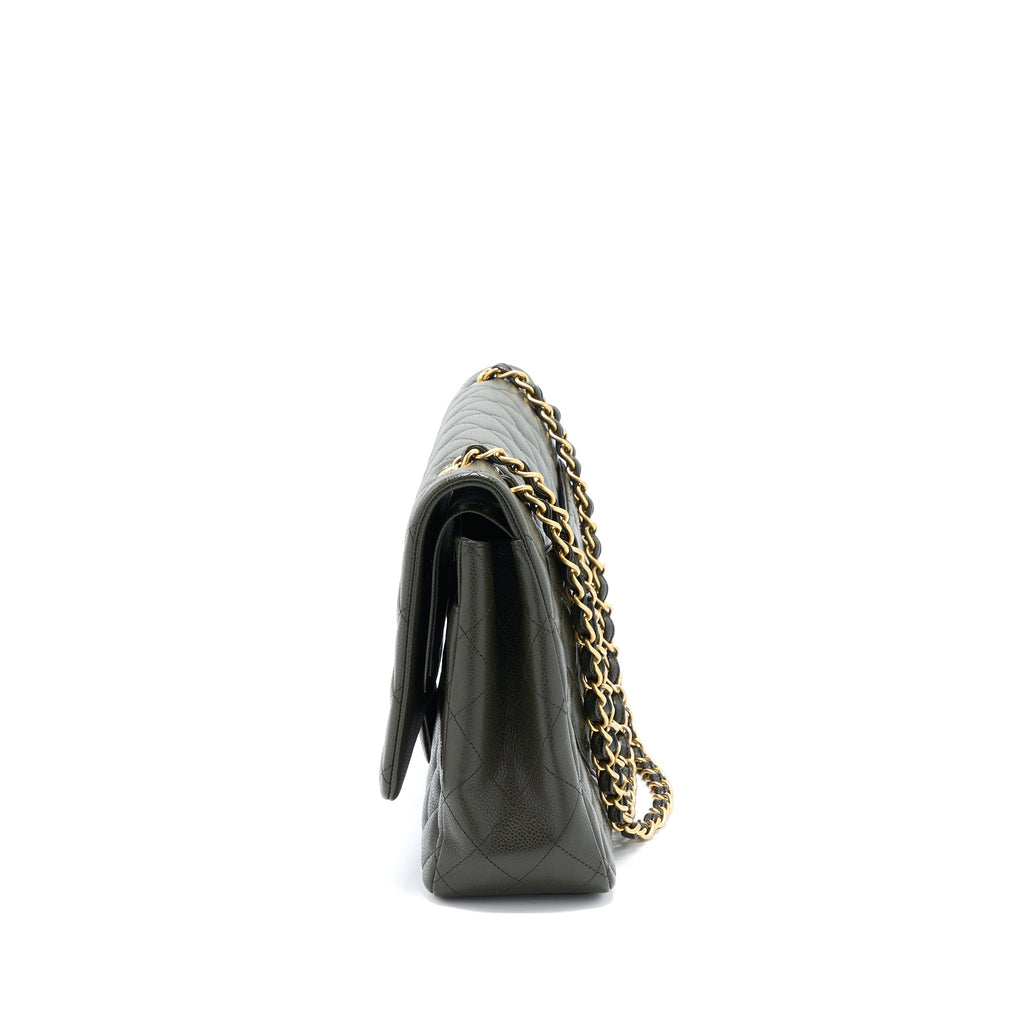 Chanel Maxi Classic Double Flap Bag Caviar Olive Green Brushed