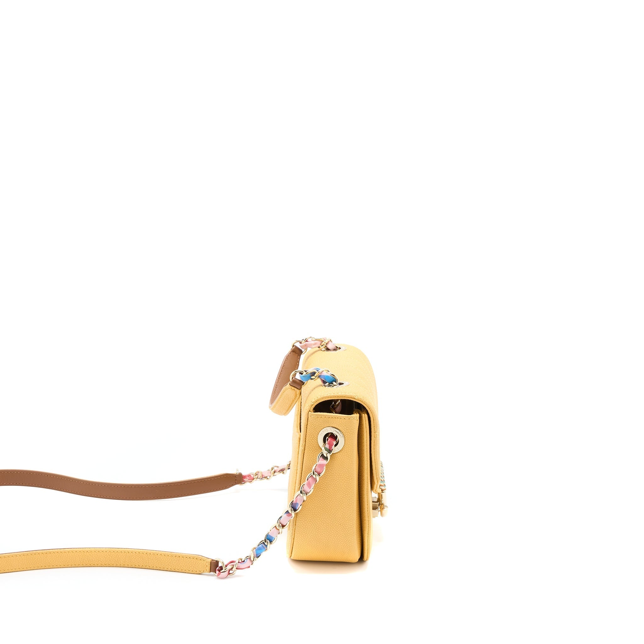 Chanel Giant CC Logo Messenger Flap Bag Caviar Yellow L