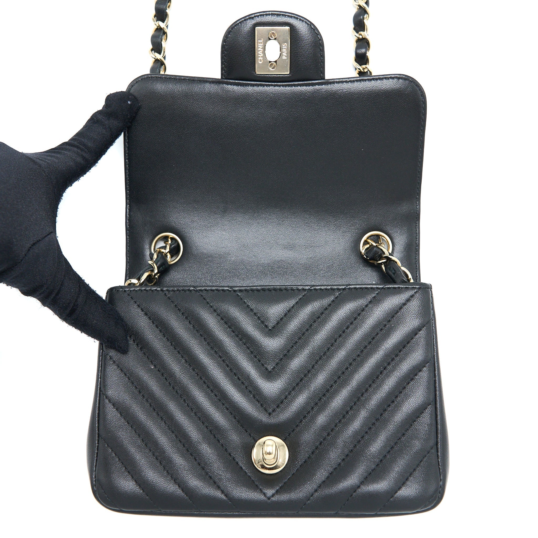 Chanel Mini Square Flap Bag Chevron Lambskin Black L