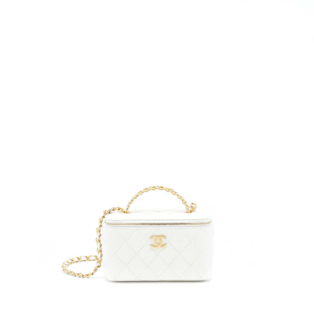 Chanel 22S Logo Top Handle Long Vanity Caviar White