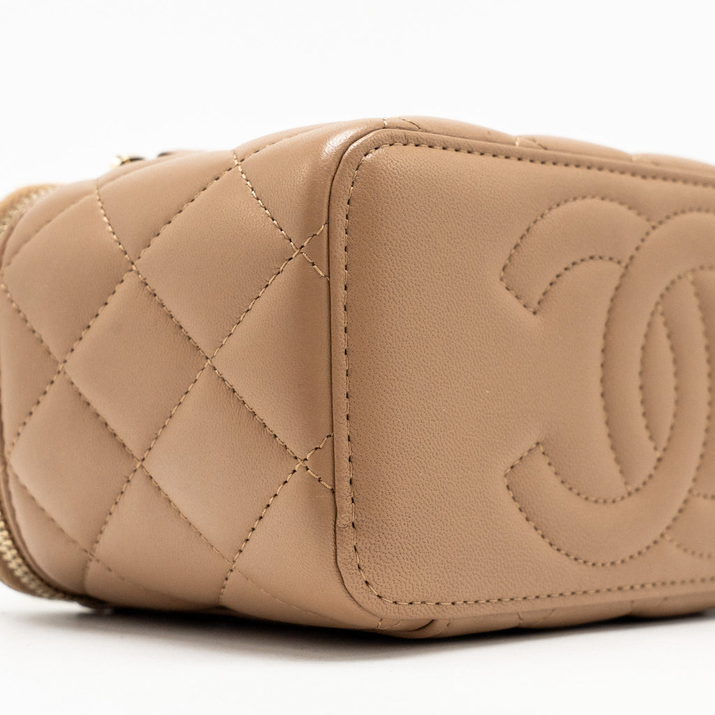 Chanel Top Handle Long Vanity with Chain Lambskin Dark Beige  (Microchip)