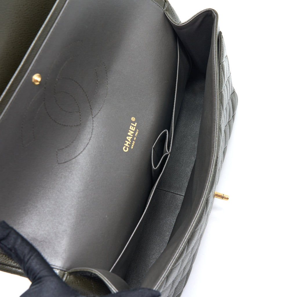 Chanel Maxi Classic Double Flap Bag Caviar Olive Green Brushed