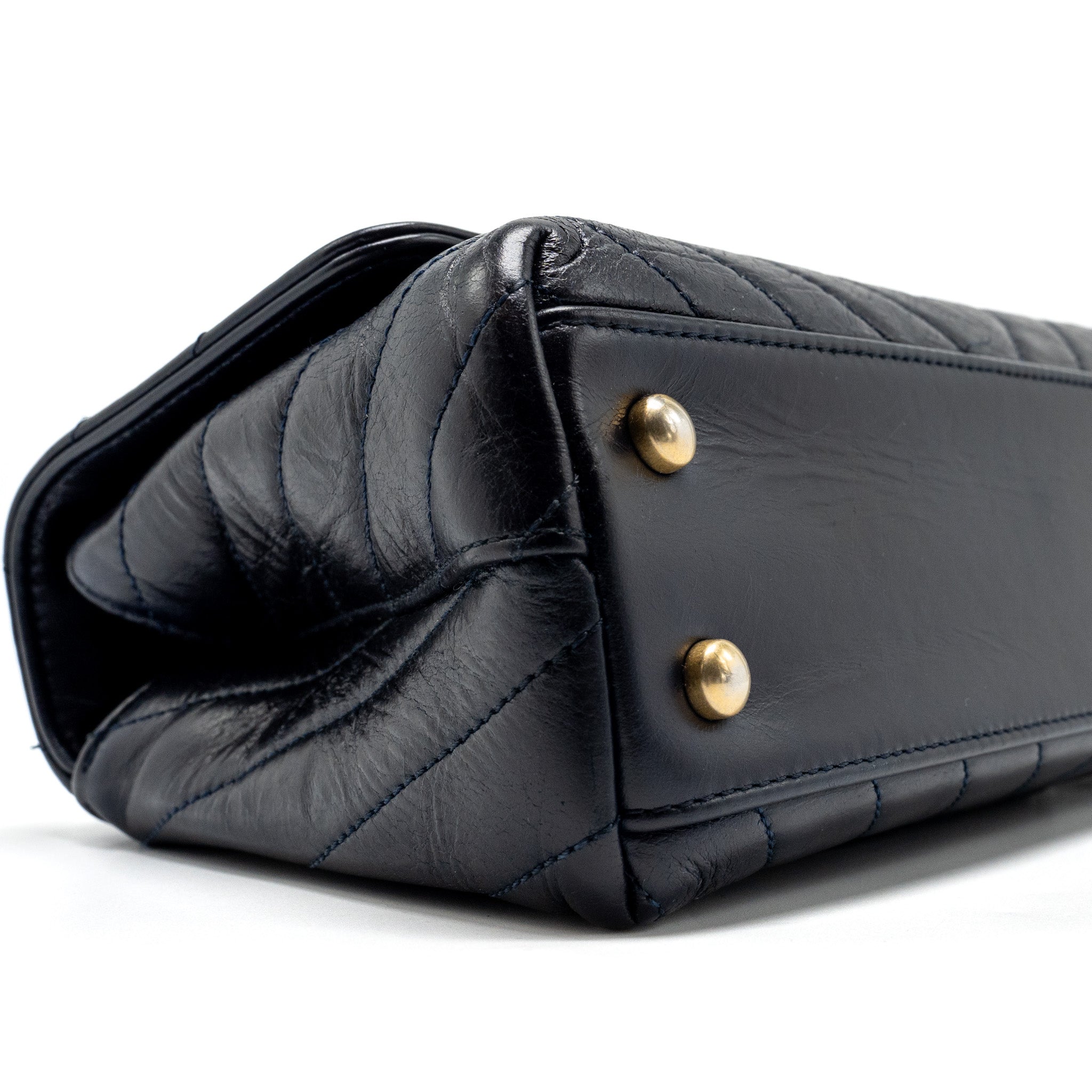 Chanel Small Coco Handle Chevron Calfskin Dark Blue