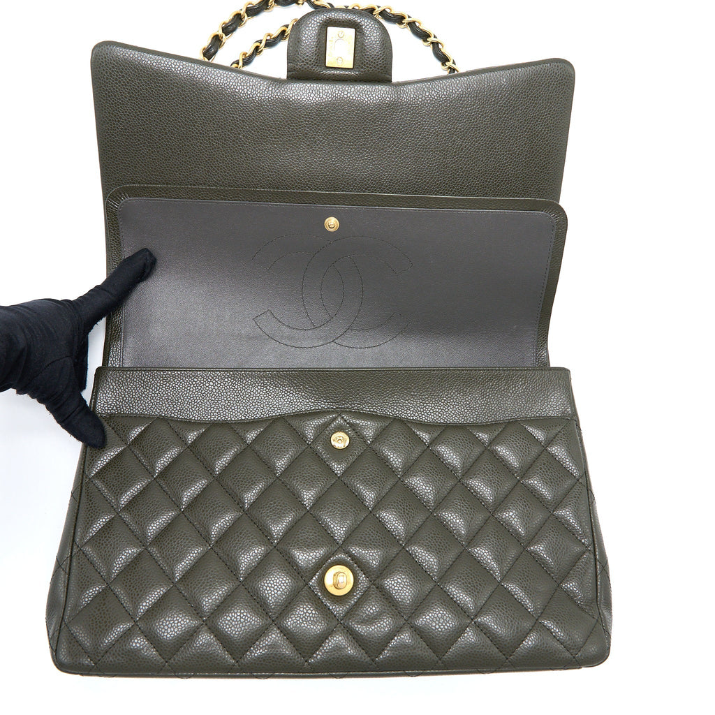 Chanel Maxi Classic Double Flap Bag Caviar Olive Green Brushed