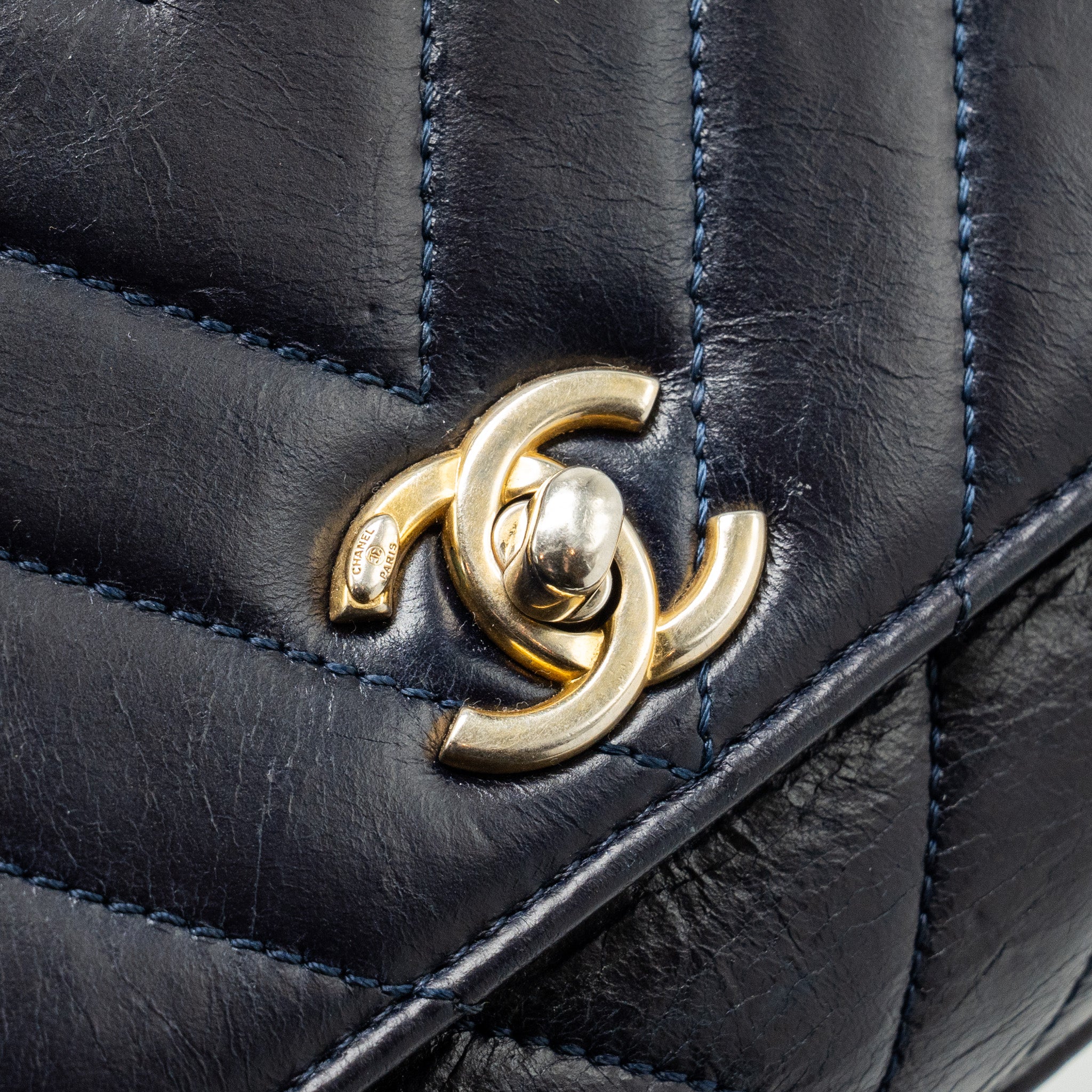 Chanel Small Coco Handle Chevron Calfskin Dark Blue