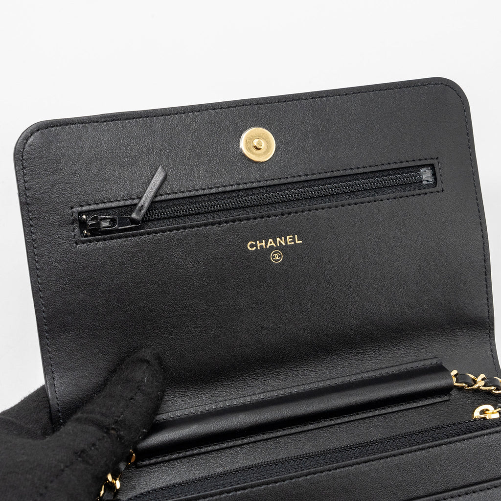 Chanel Quilted Wallet on Chain Shiny Calfskin Black  (Microchip)