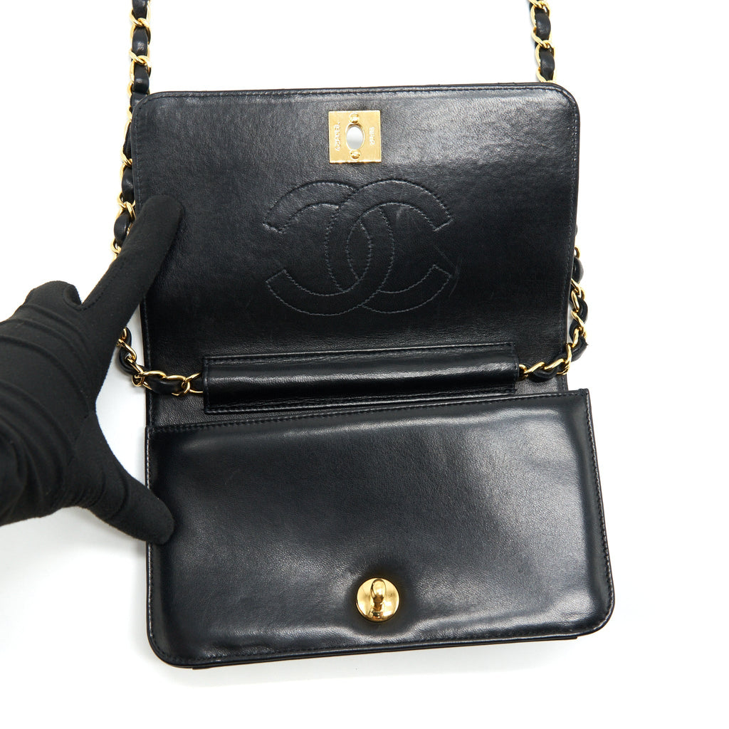 Chanel Vintage Quilted Mini Flap Bag With Chain Lambskin Black