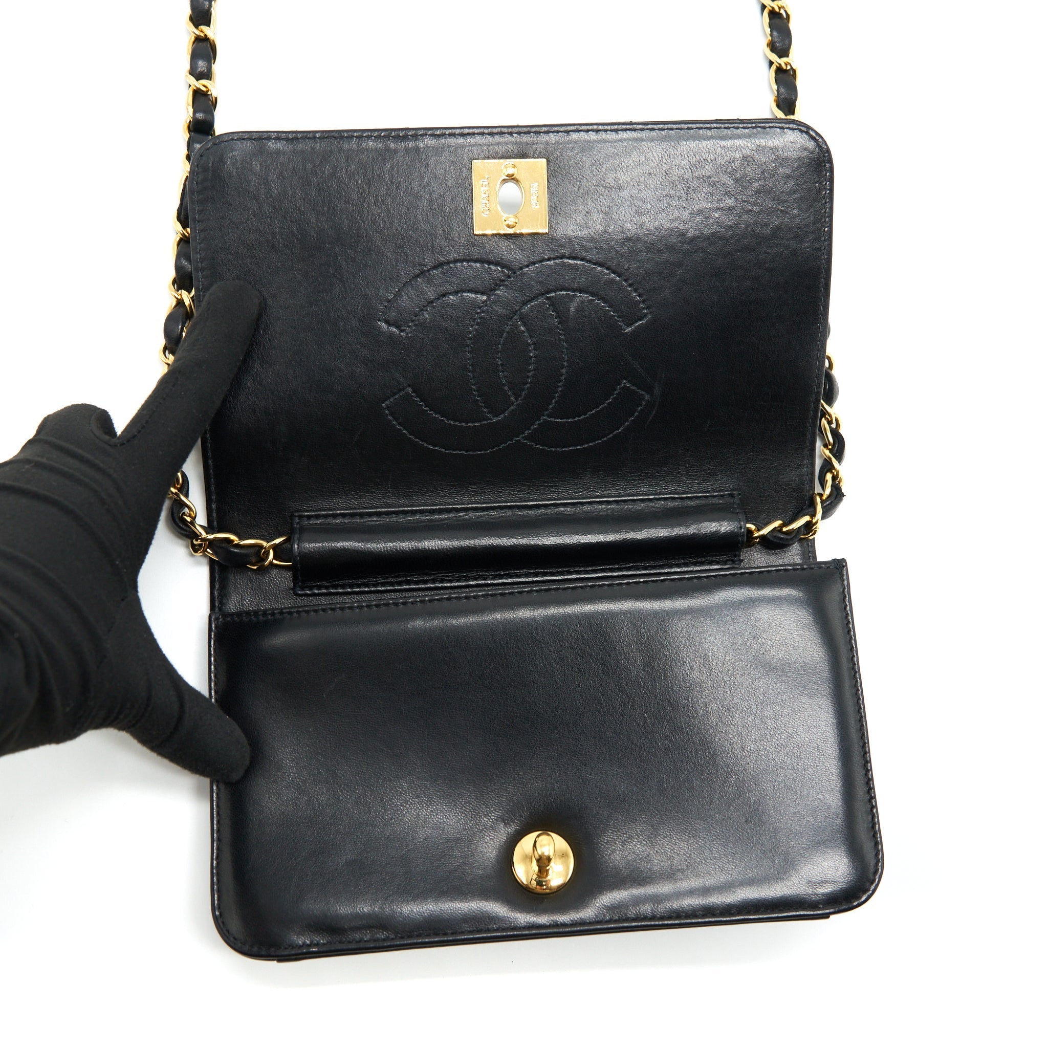 Chanel Vintage Quilted Mini Flap Bag With Chain Lambskin Black