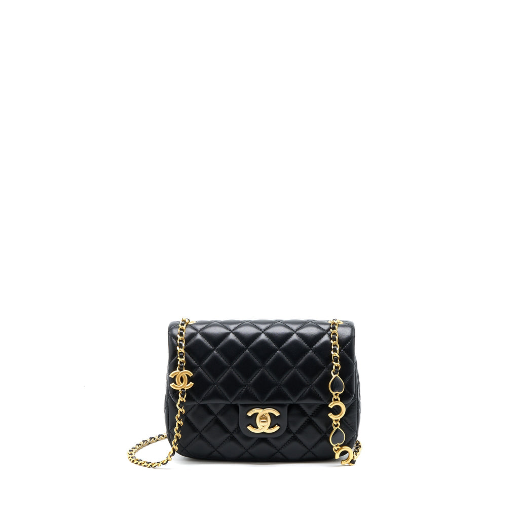 Chanel 22K Coco Chain Quilted Flap Bag Lambskin Black Brushed  (Microchip)