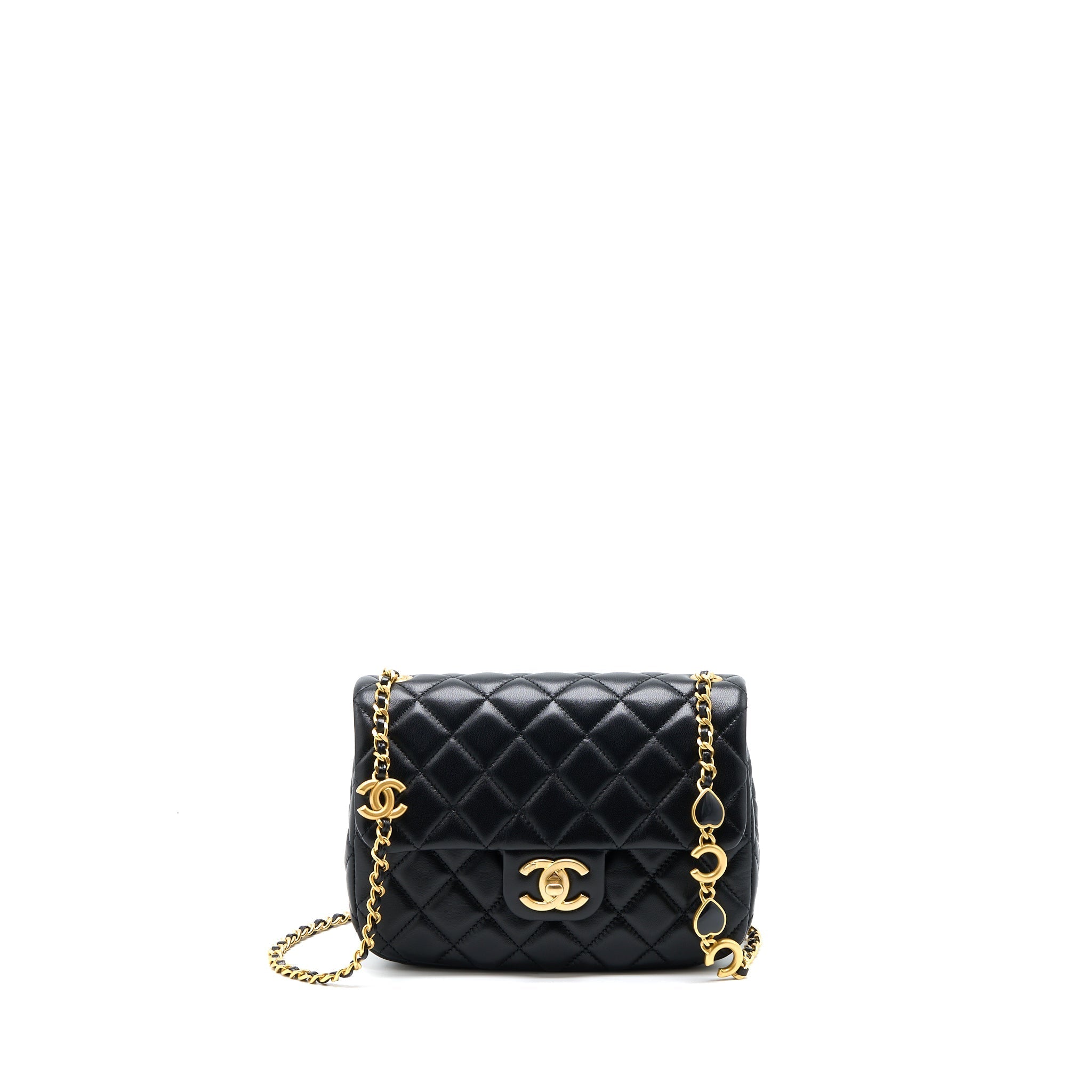 Chanel 22K Coco Chain Quilted Flap Bag Lambskin Black Brushed  (Microchip)