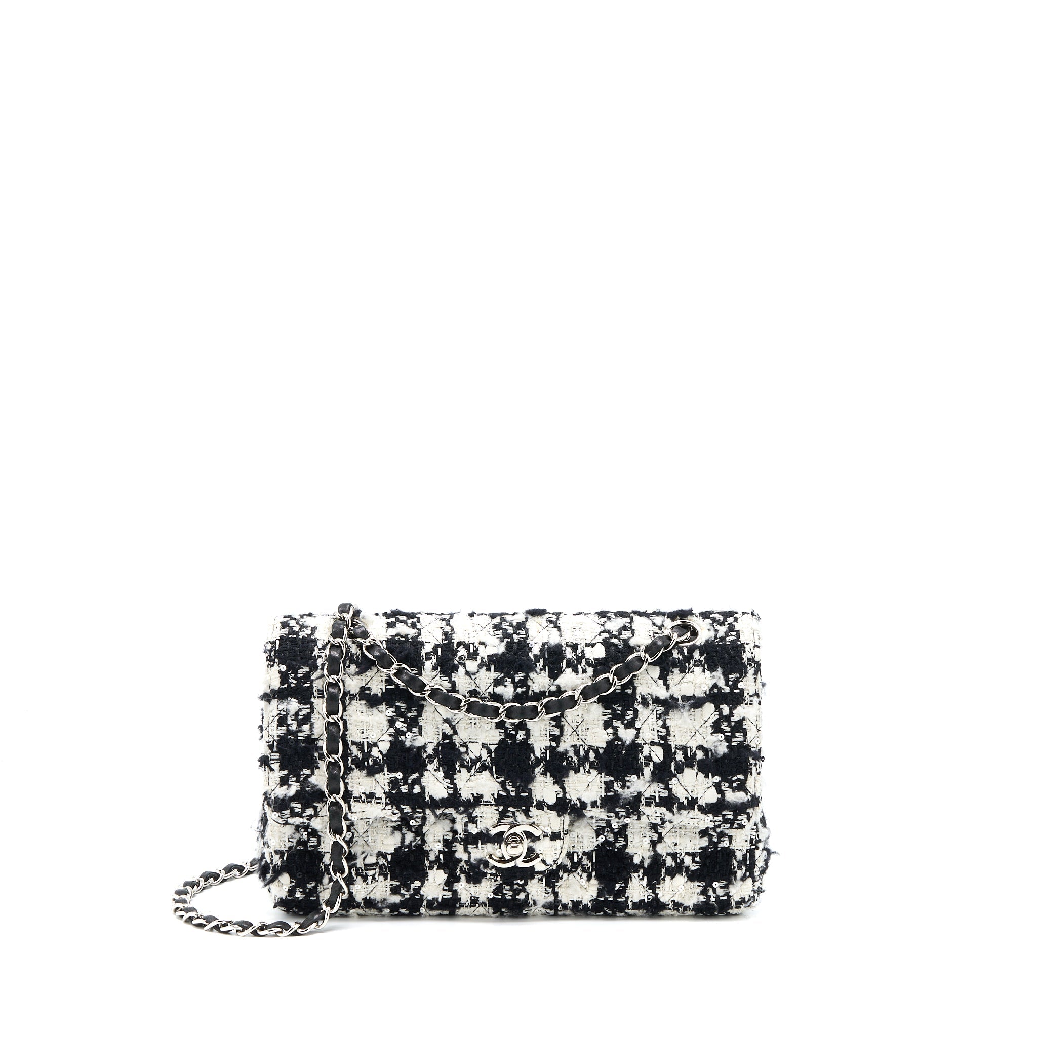 Chanel Vintage Medium Classic Flap Bag Tweed Black And White