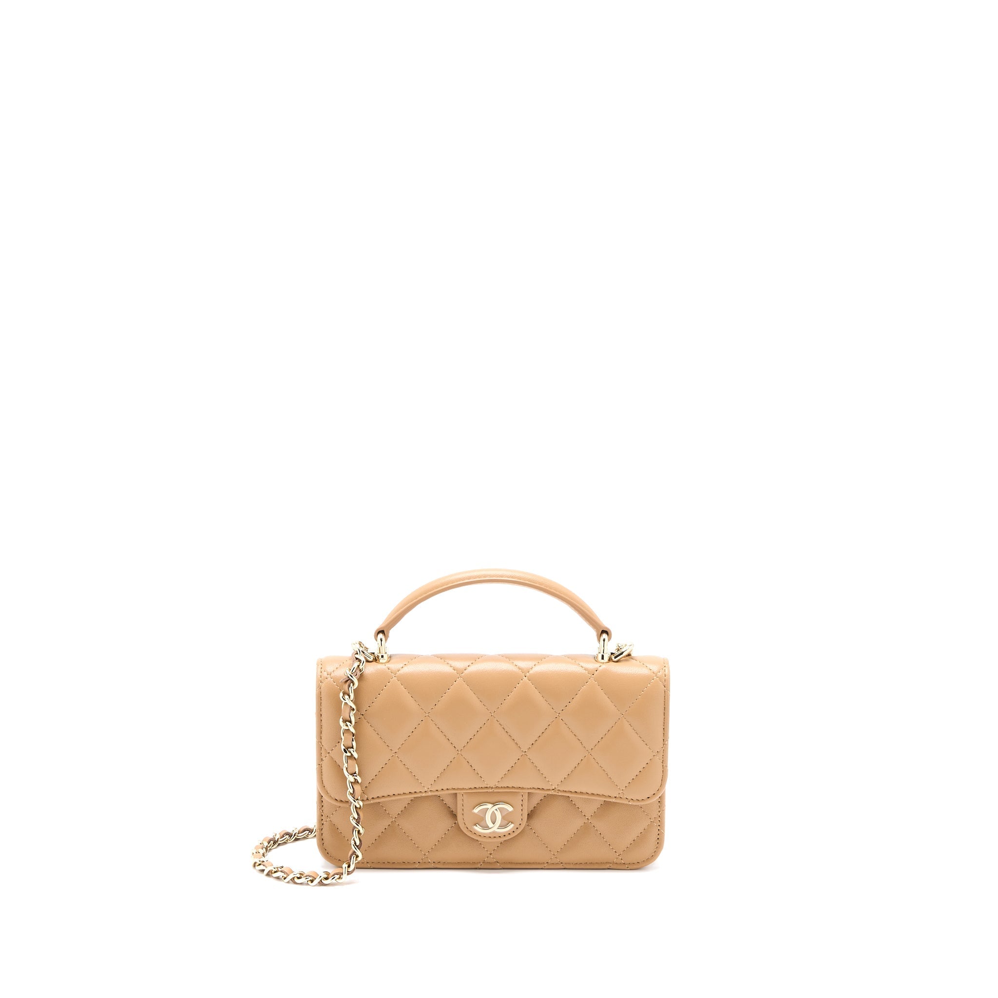 Chanel Top Handle Mini Flap Bag with Chain Lambskin Caramel L (Microchip)