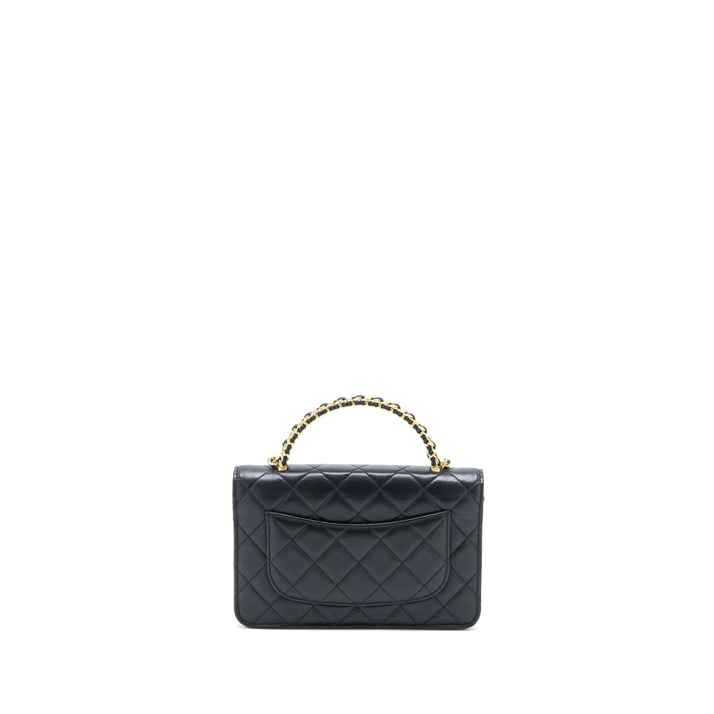 Chanel Detailed Top Handle Wallet on Chain Lambskin Black Brushed  (Microchip)