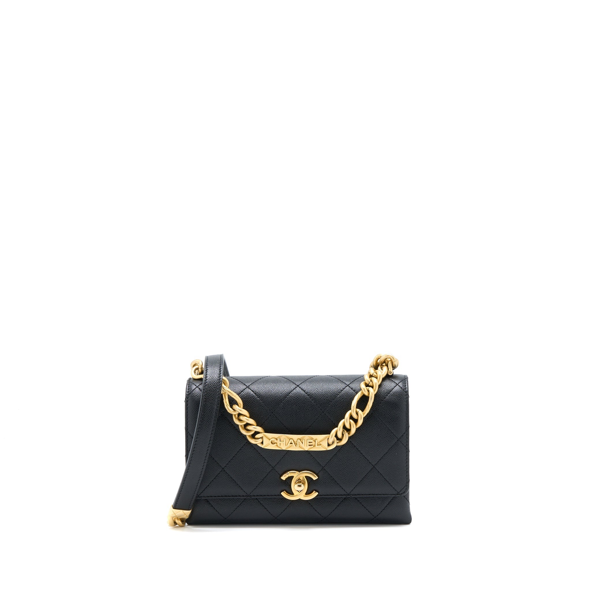 Chanel Detail Chain Flap Bag Grained Calfskin Black  (Microchip)