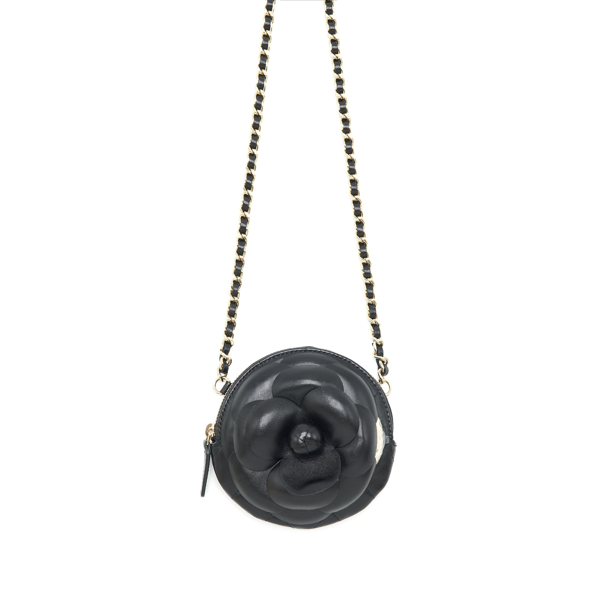 Chanel mini Round Camellia zippy Wallet with Chain Lambskin black