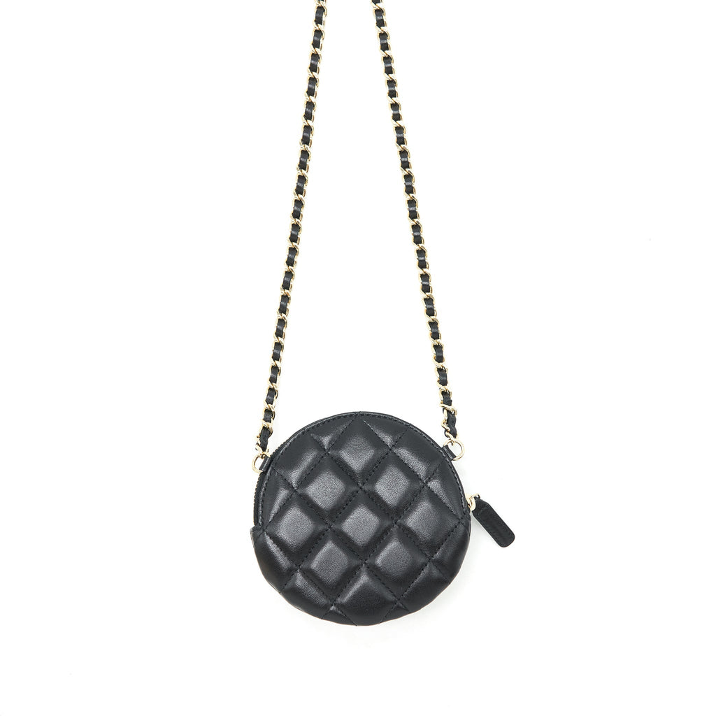 Chanel mini Round Camellia zippy Wallet with Chain Lambskin black