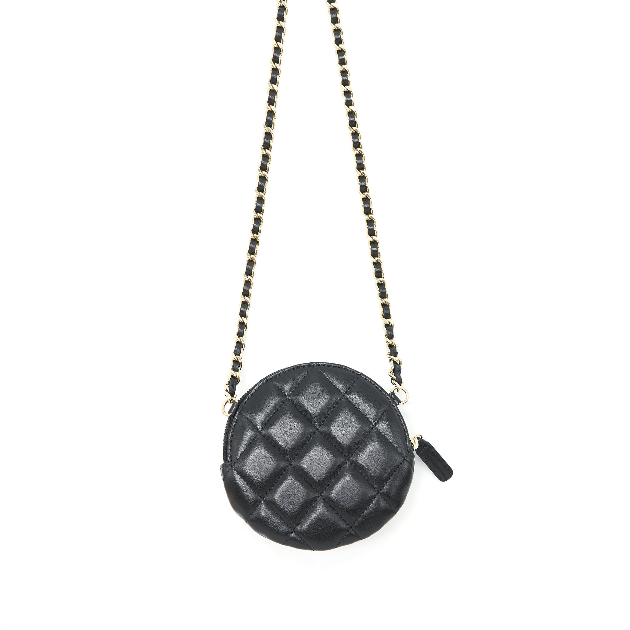 Chanel mini Round Camellia zippy Wallet with Chain Lambskin black