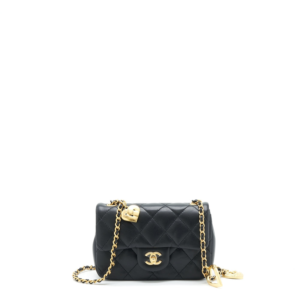 Chanel seasonal Mini Rectangular Flap Bag Heart Charm Chain Lambskin Black  (Microchip)