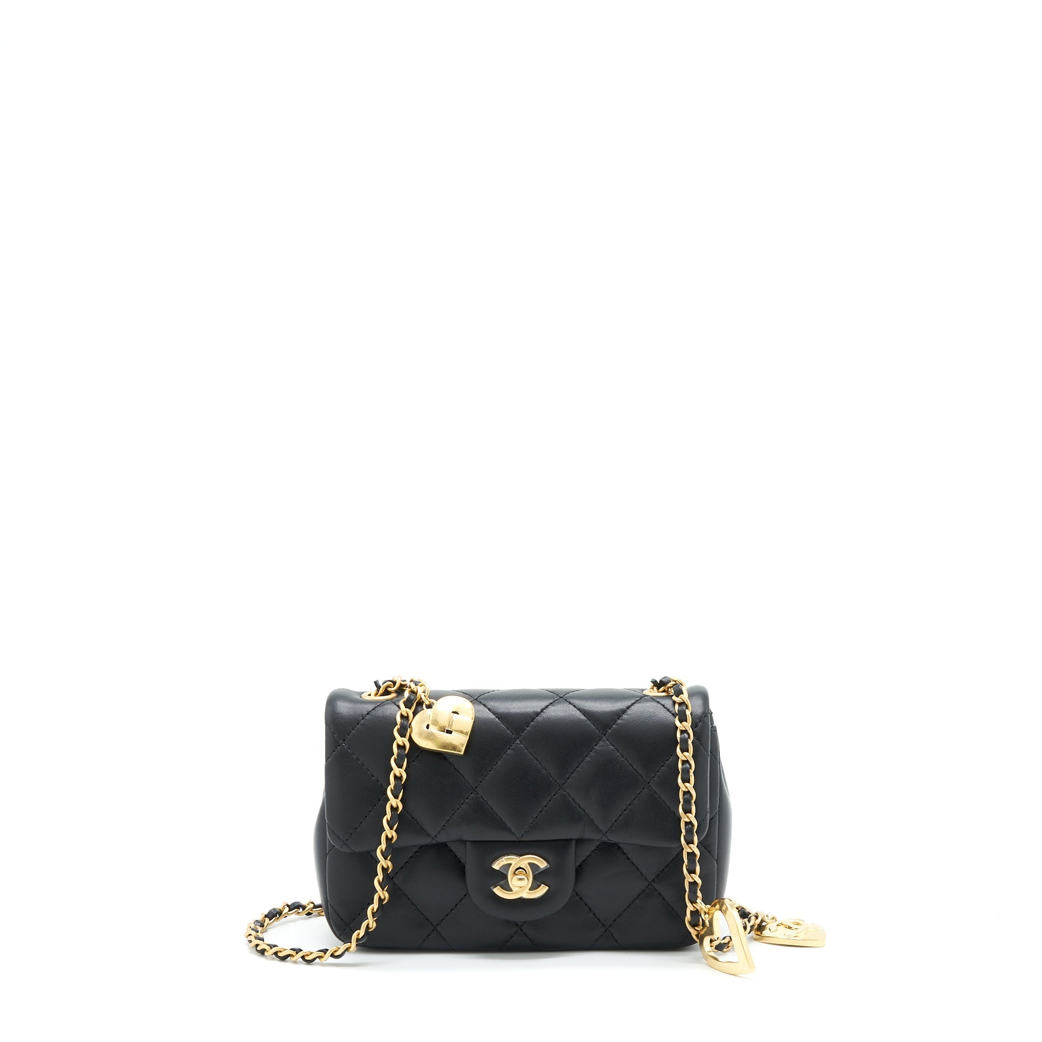 Chanel seasonal Mini Rectangular Flap Bag Heart Charm Chain Lambskin Black  (Microchip)