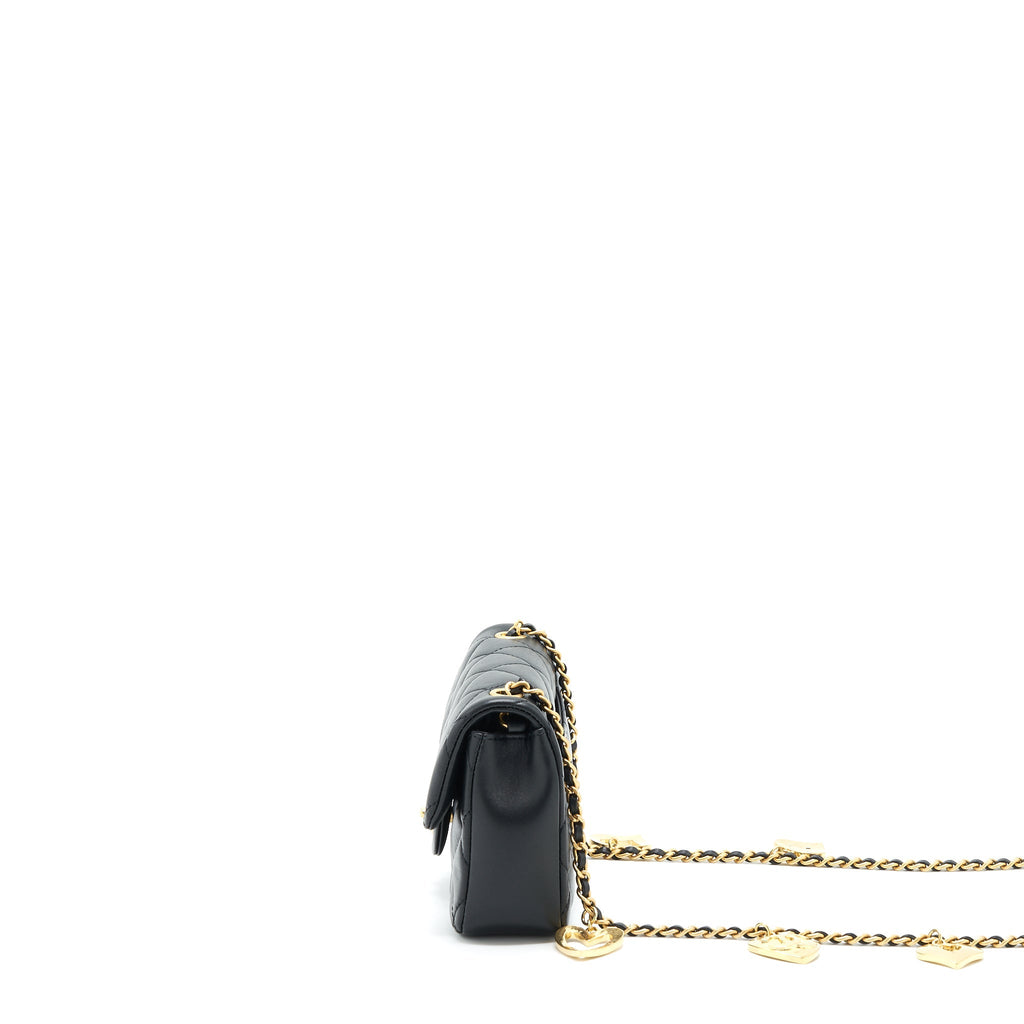 Chanel seasonal Mini Rectangular Flap Bag Heart Charm Chain Lambskin Black  (Microchip)