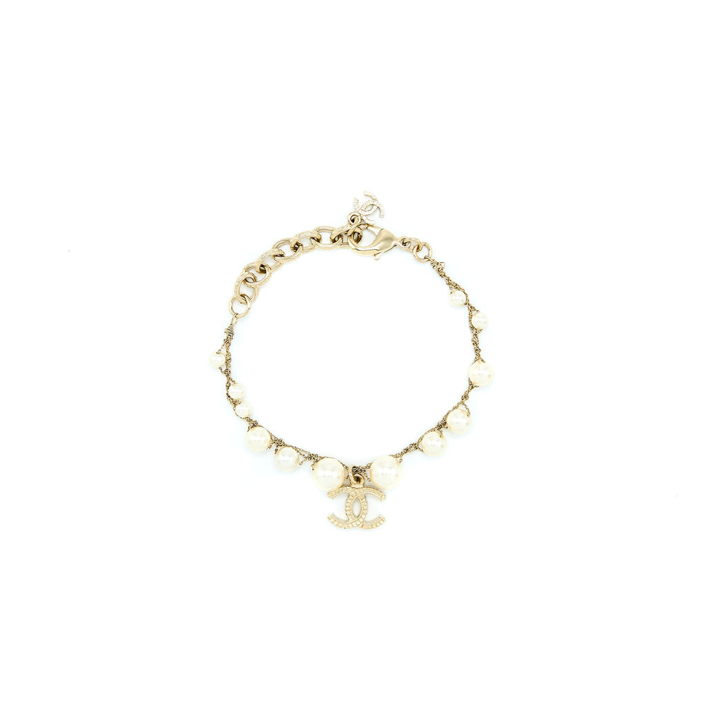 Chanel Pearl And CC Logo Bracelet Light Gold Tone