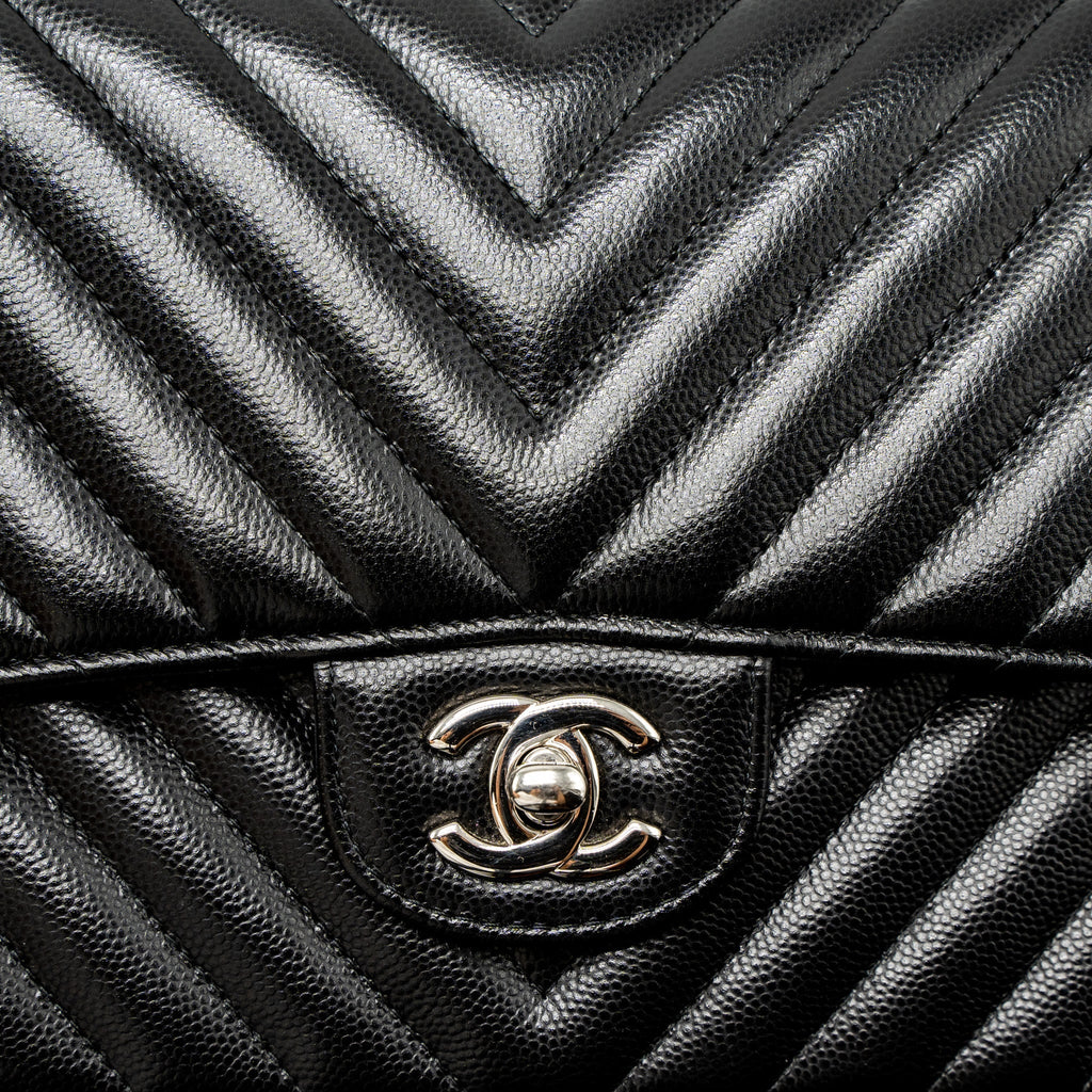 Chanel Medium Classic Double Flap Bag Chevron Caviar Black