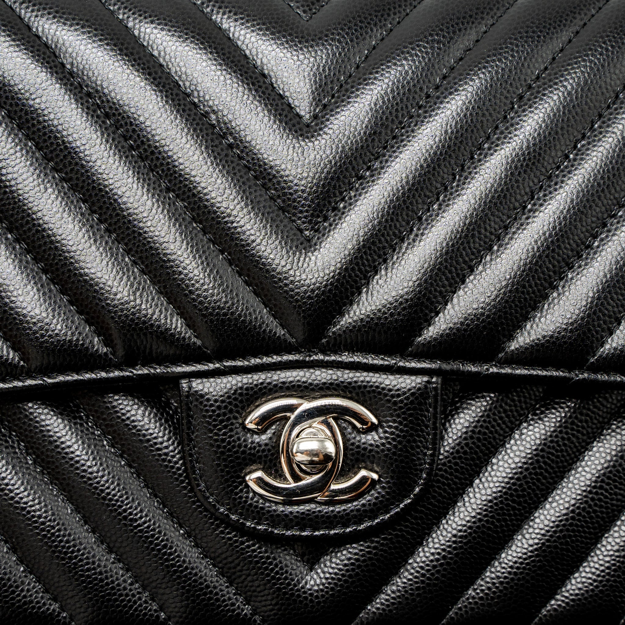Chanel Medium Classic Double Flap Bag Chevron Caviar Black