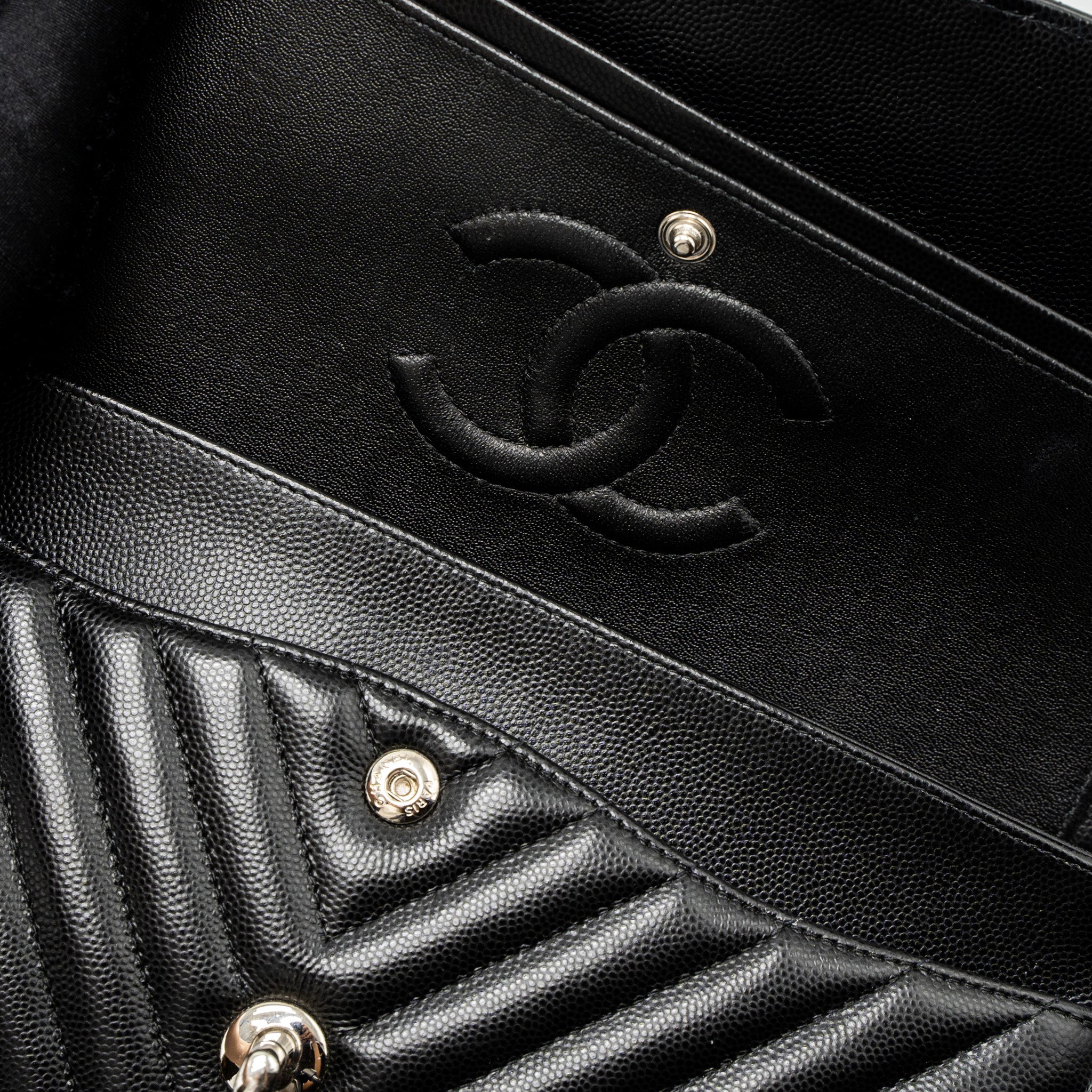 Chanel Medium Classic Double Flap Bag Chevron Caviar Black