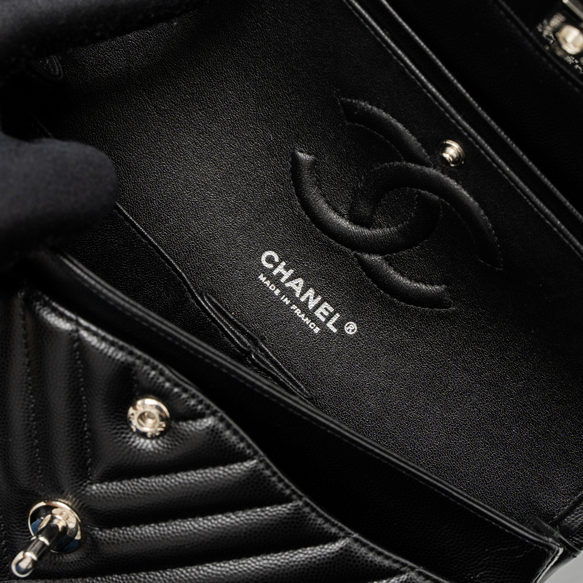 Chanel Medium Classic Double Flap Bag Chevron Caviar Black