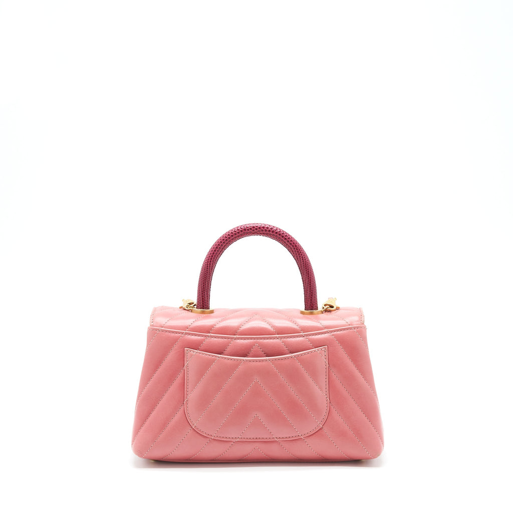 Chanel Small Coco Handle Chevron Calfskin With Lizard Handle Pink