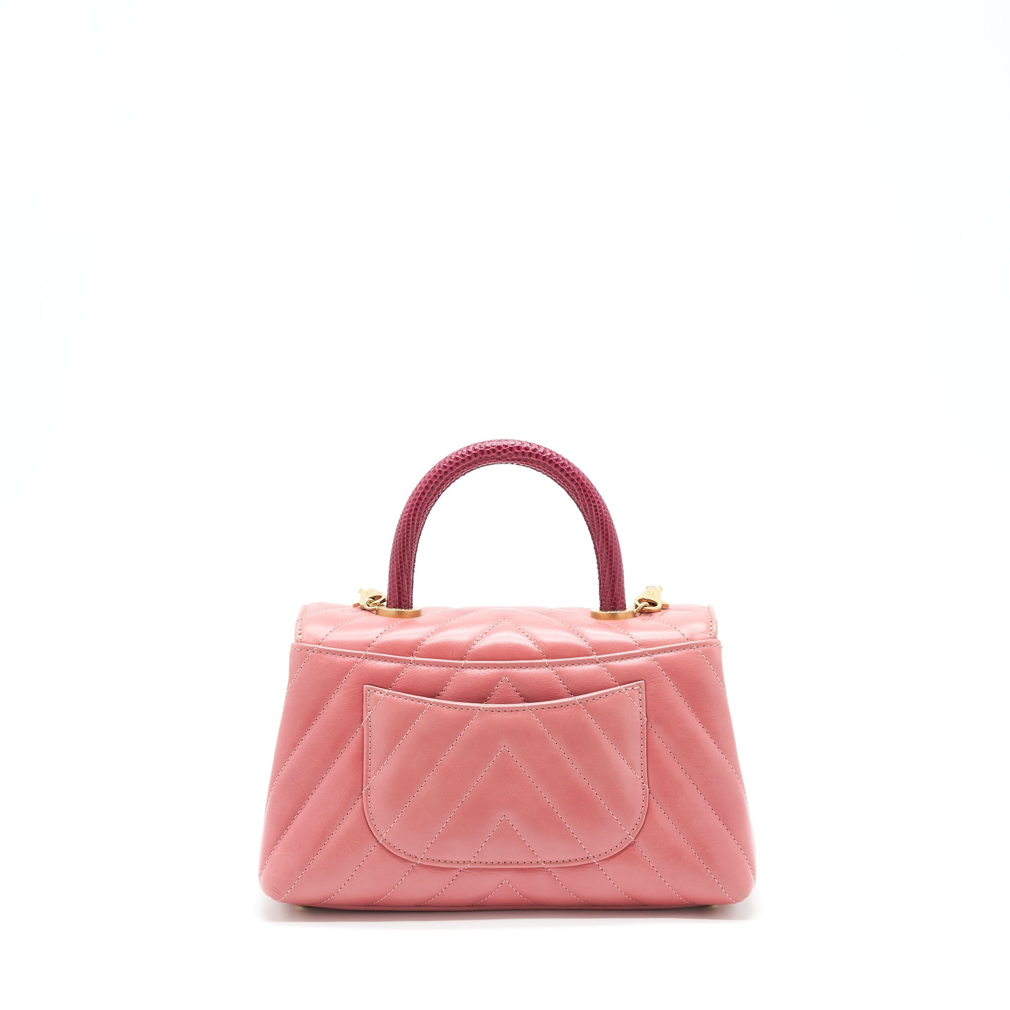 Chanel Small Coco Handle Chevron Calfskin With Lizard Handle Pink