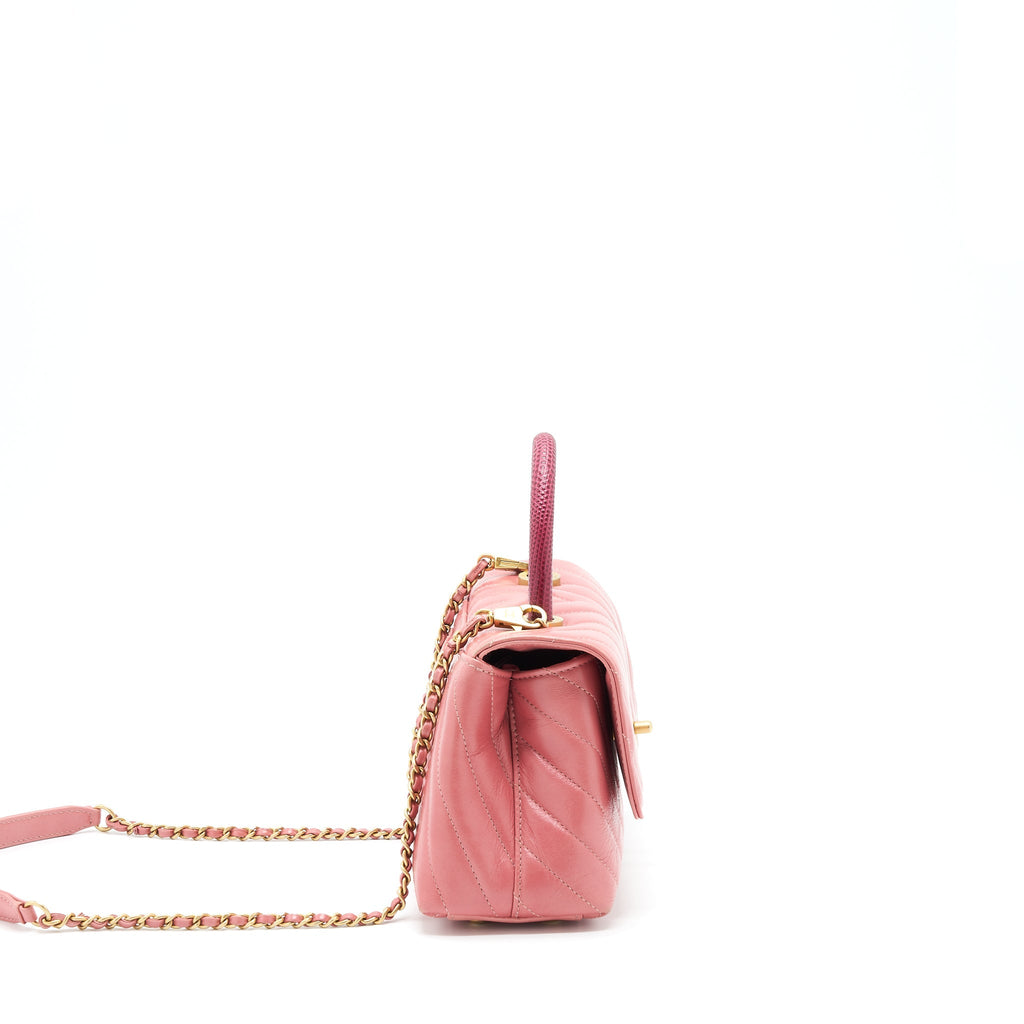 Chanel Small Coco Handle Chevron Calfskin With Lizard Handle Pink