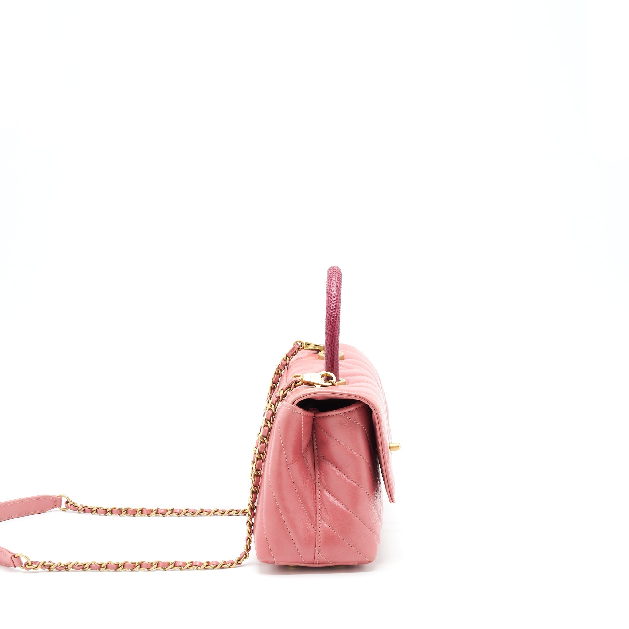 Chanel Small Coco Handle Chevron Calfskin With Lizard Handle Pink