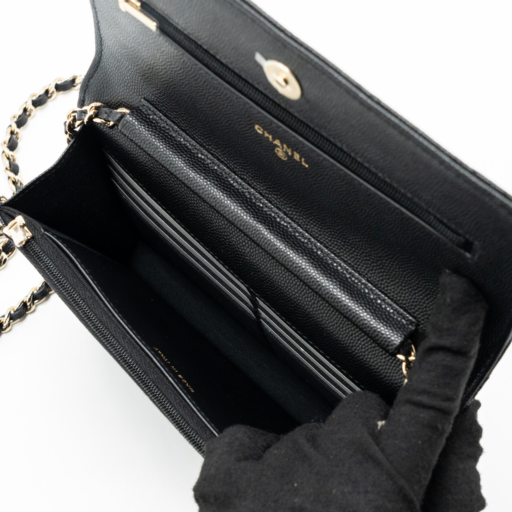 Chanel 23k Detailed CC Logo Wallet On Chain Caviar Black L (microchip)